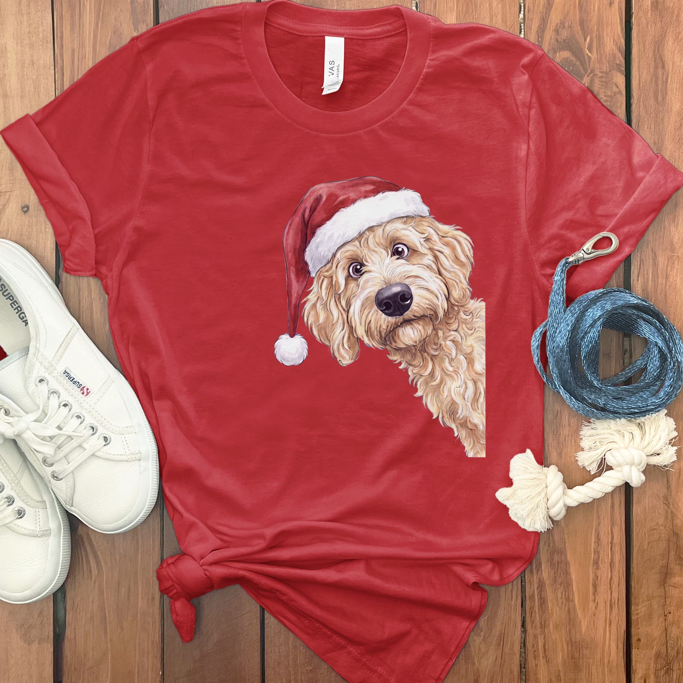 Merry Apricot Goldendoodle T-Shirt in Red / S by Puppy Jo