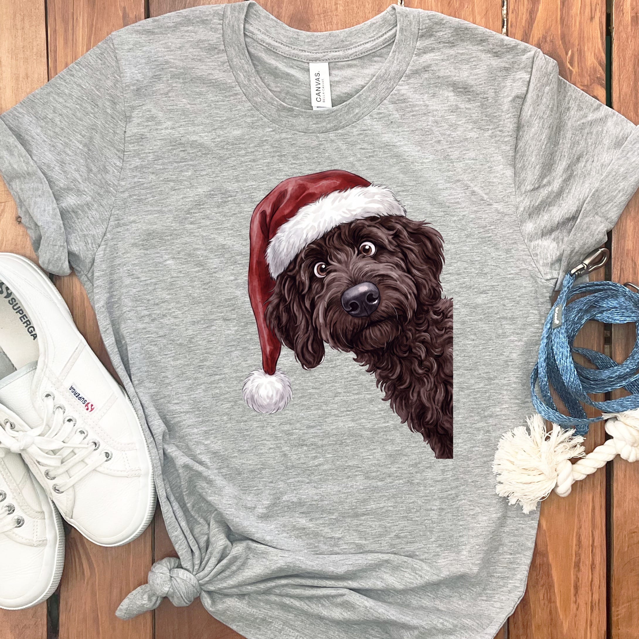 Merry Santa Chocolate Goldendoodle T-Shirt in Athletic Heather / S by Puppy Jo
