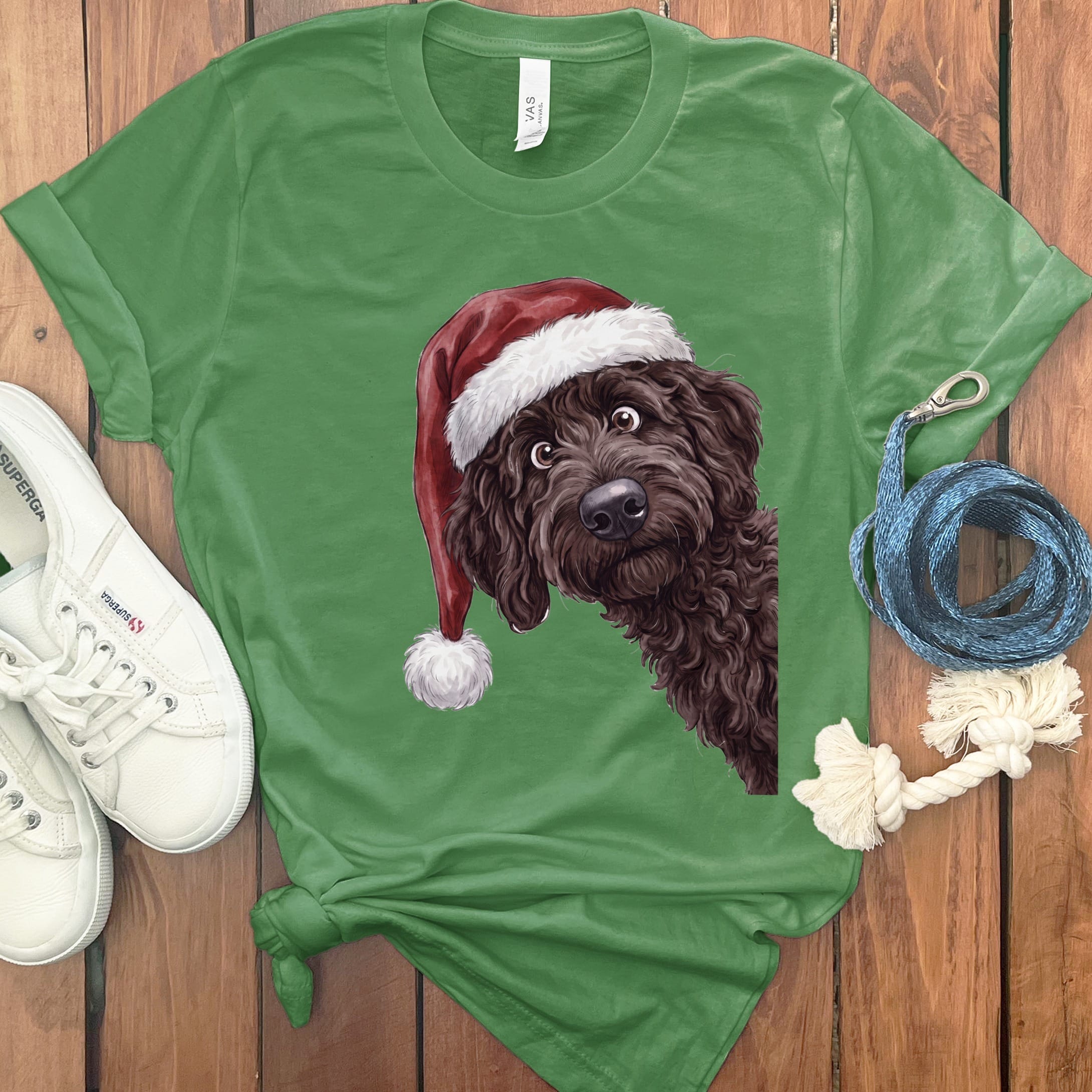Merry Santa Chocolate Goldendoodle T-Shirt in Leaf / S by Puppy Jo