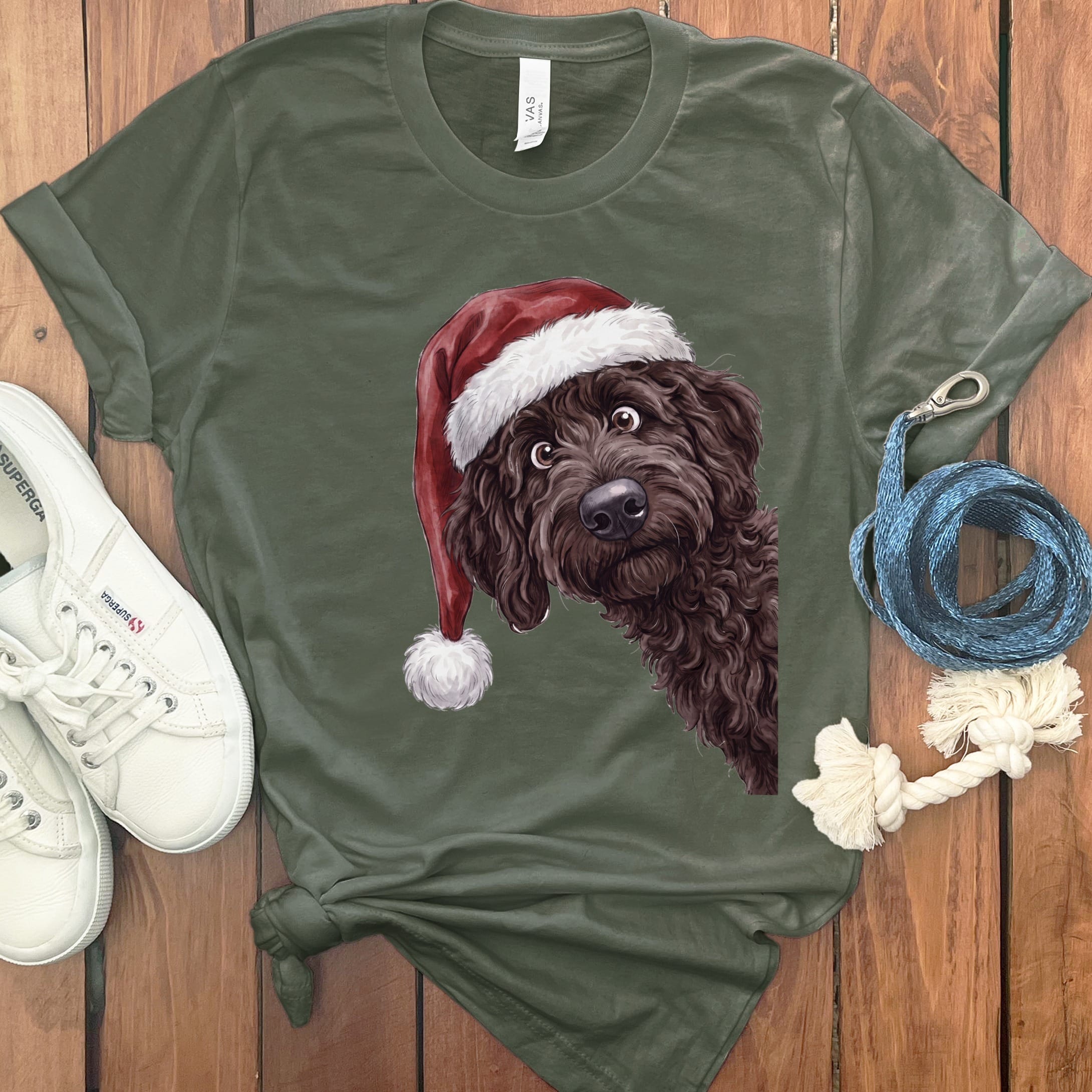 Merry Santa Chocolate Goldendoodle T-Shirt in Military Green / S by Puppy Jo