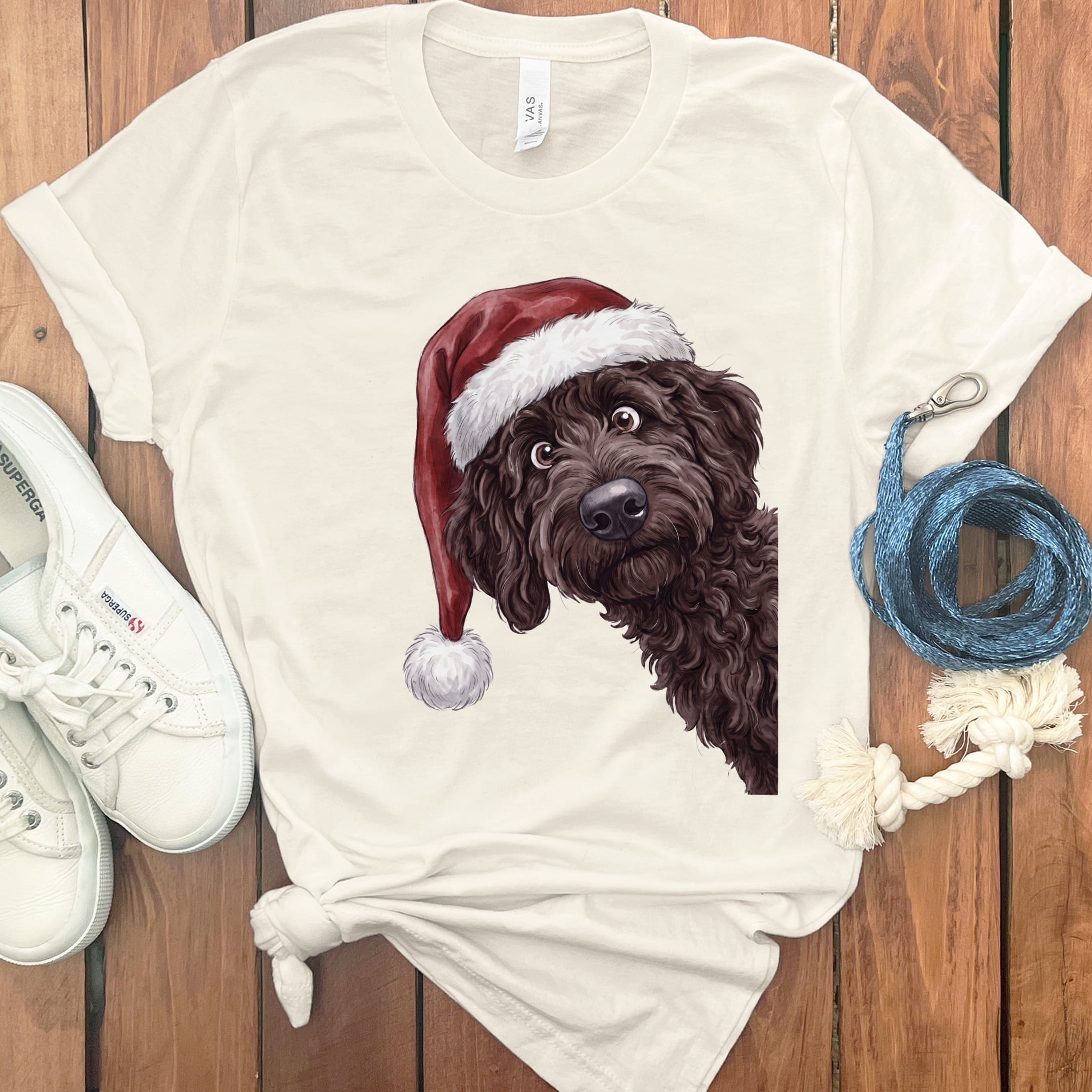 Merry Santa Chocolate Goldendoodle T-Shirt in Natural / S by Puppy Jo