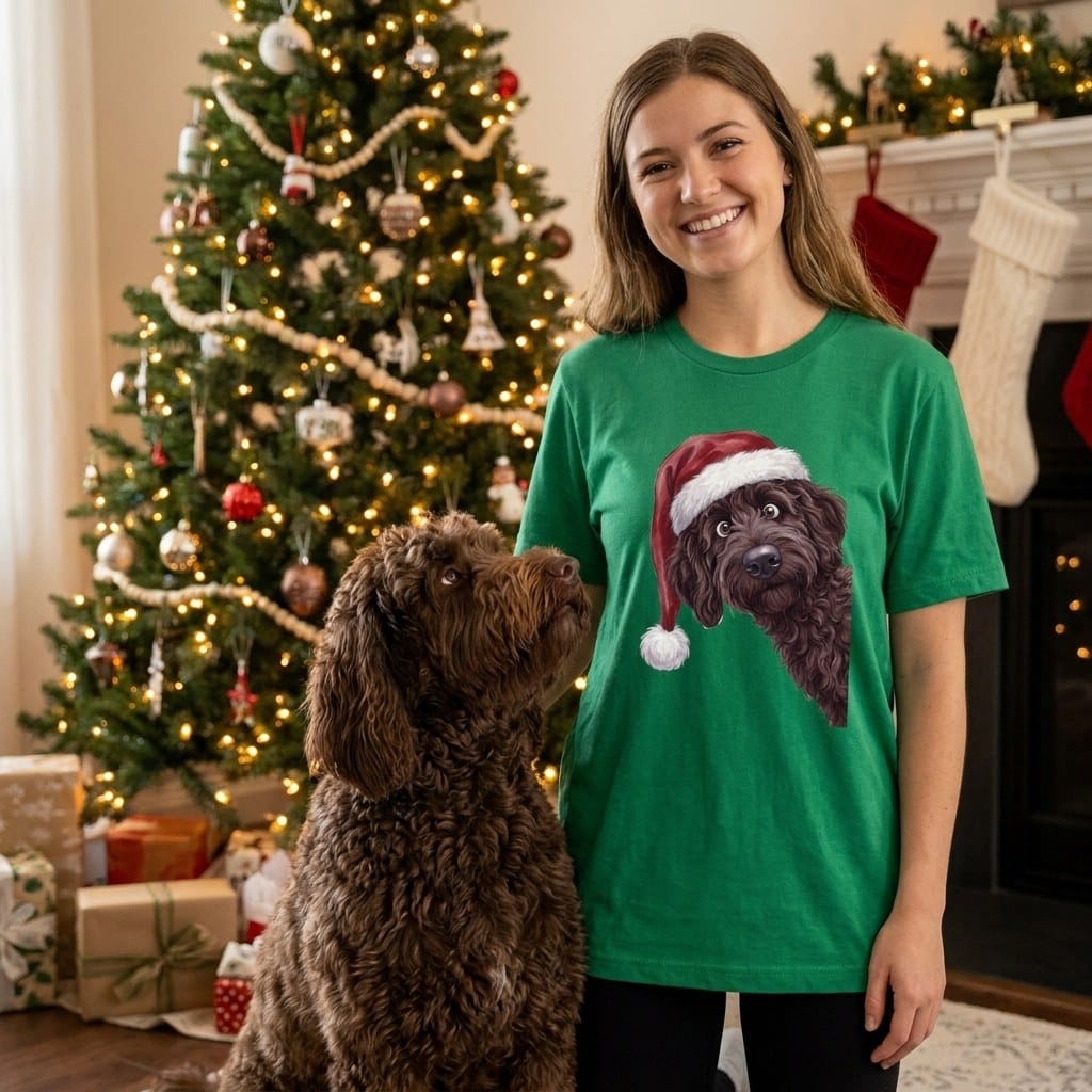 Merry Santa Chocolate Goldendoodle T-Shirt in by Puppy Jo