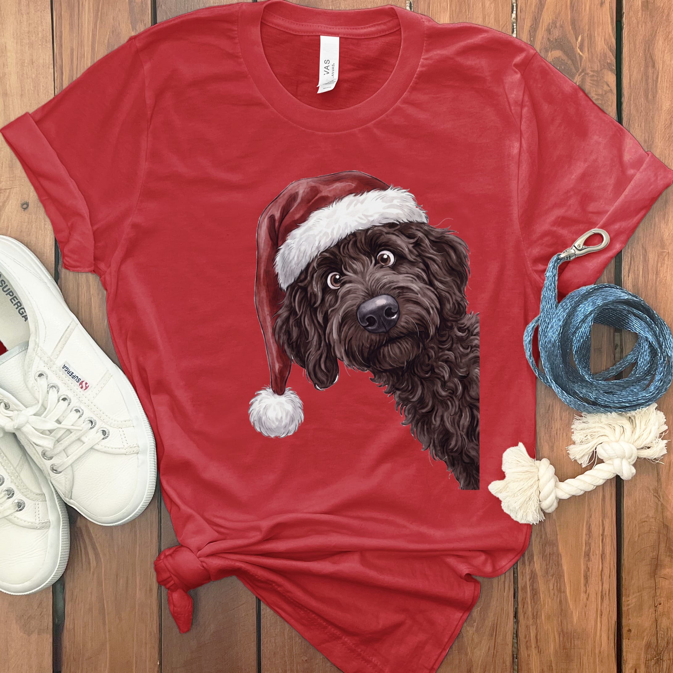 Merry Santa Chocolate Goldendoodle T-Shirt in Red / S by Puppy Jo