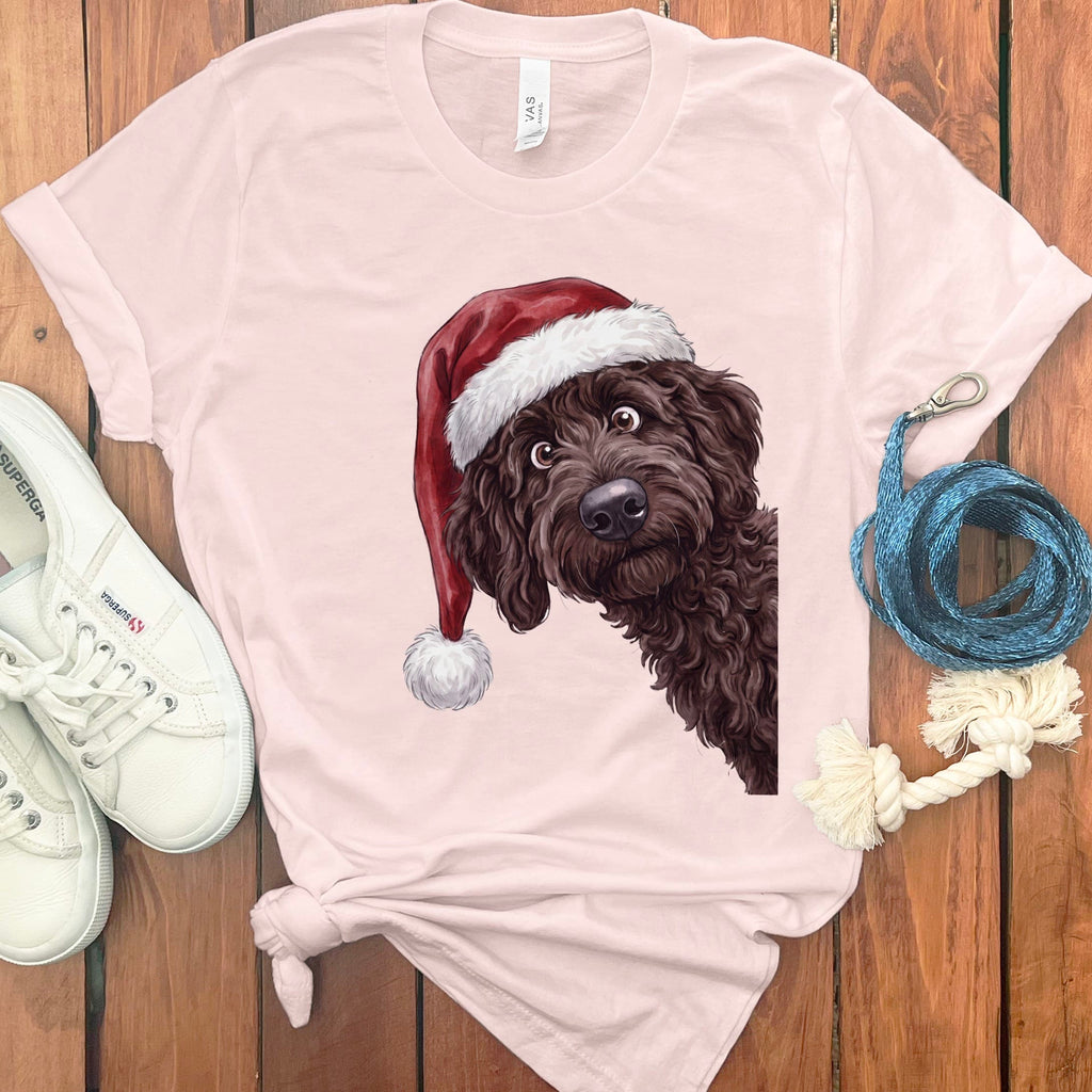 Merry Santa Chocolate Goldendoodle T-Shirt in Soft Pink / S by Puppy Jo
