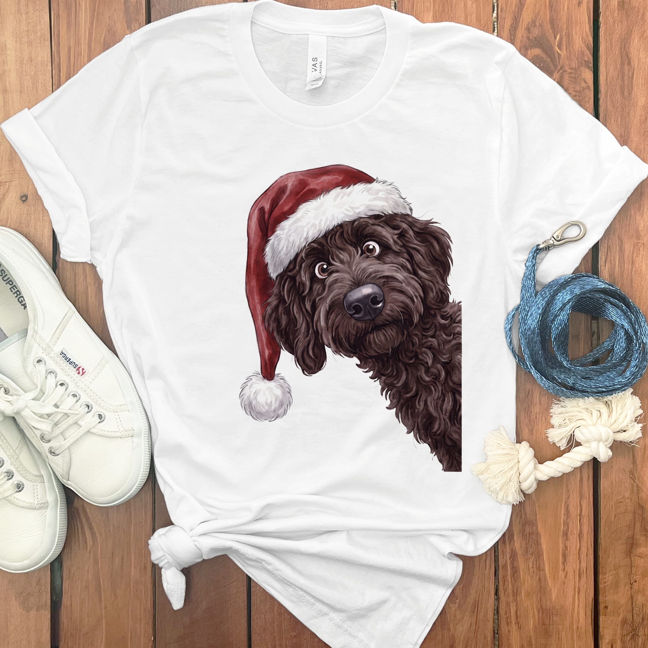 Merry Santa Chocolate Goldendoodle T-Shirt in White / S by Puppy Jo