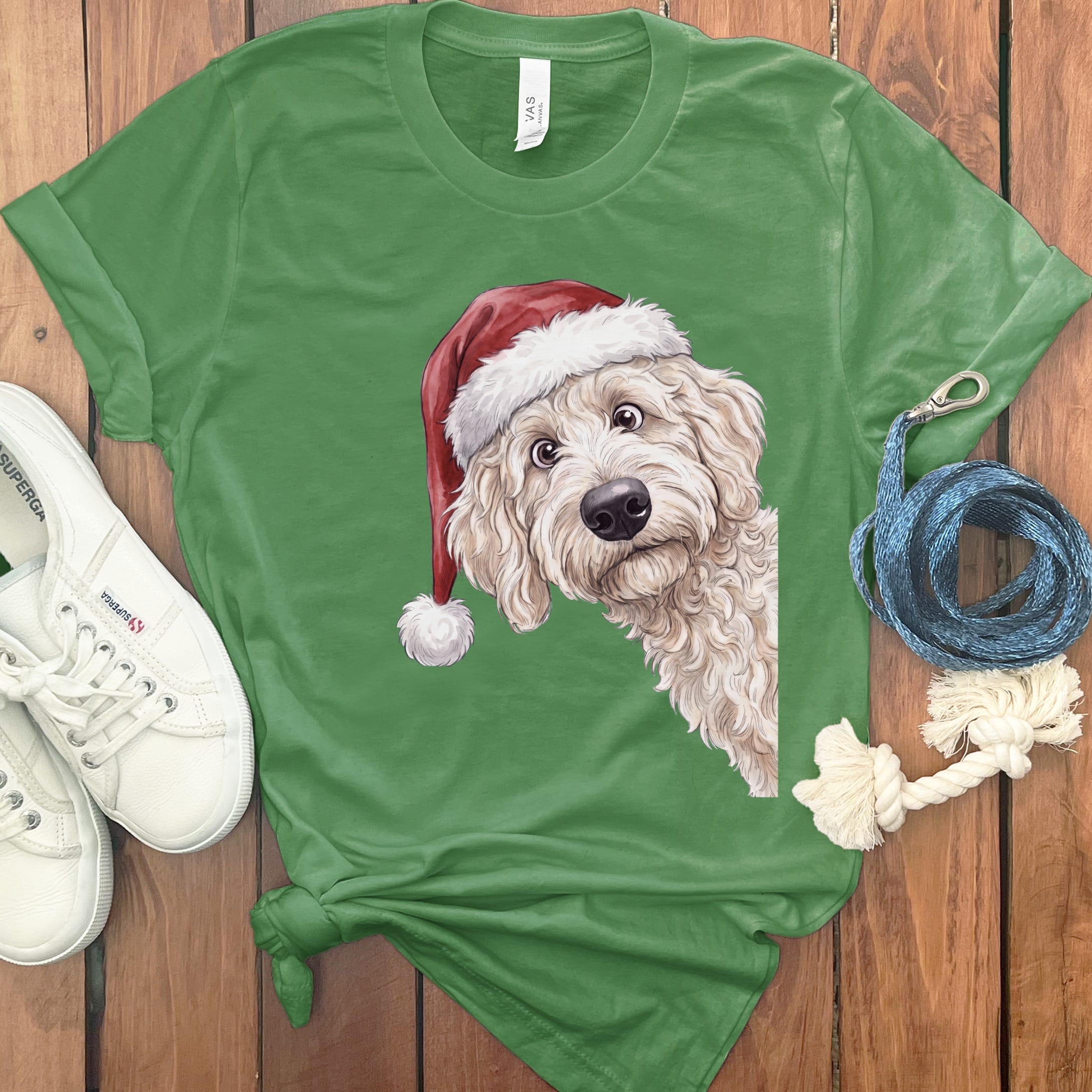 Merry Santa Cream Goldendoodle T-Shirt in Leaf / S by Puppy Jo