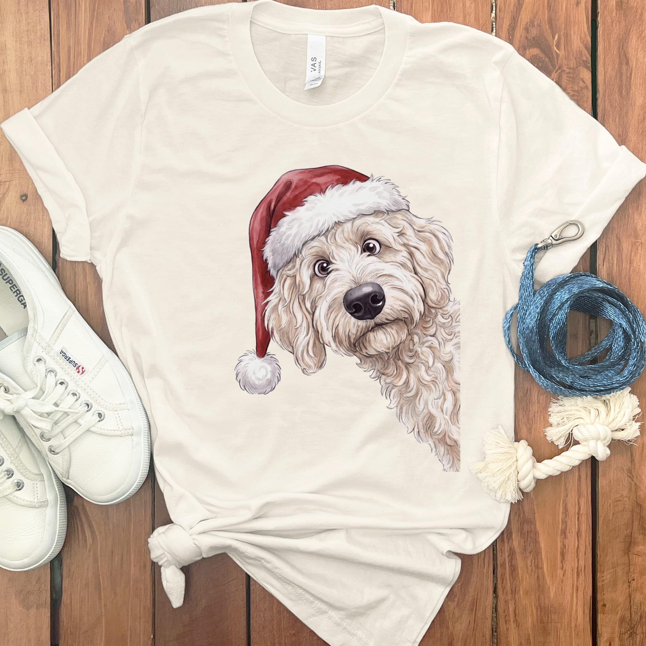 Merry Santa Cream Goldendoodle T-Shirt in Natural / S by Puppy Jo