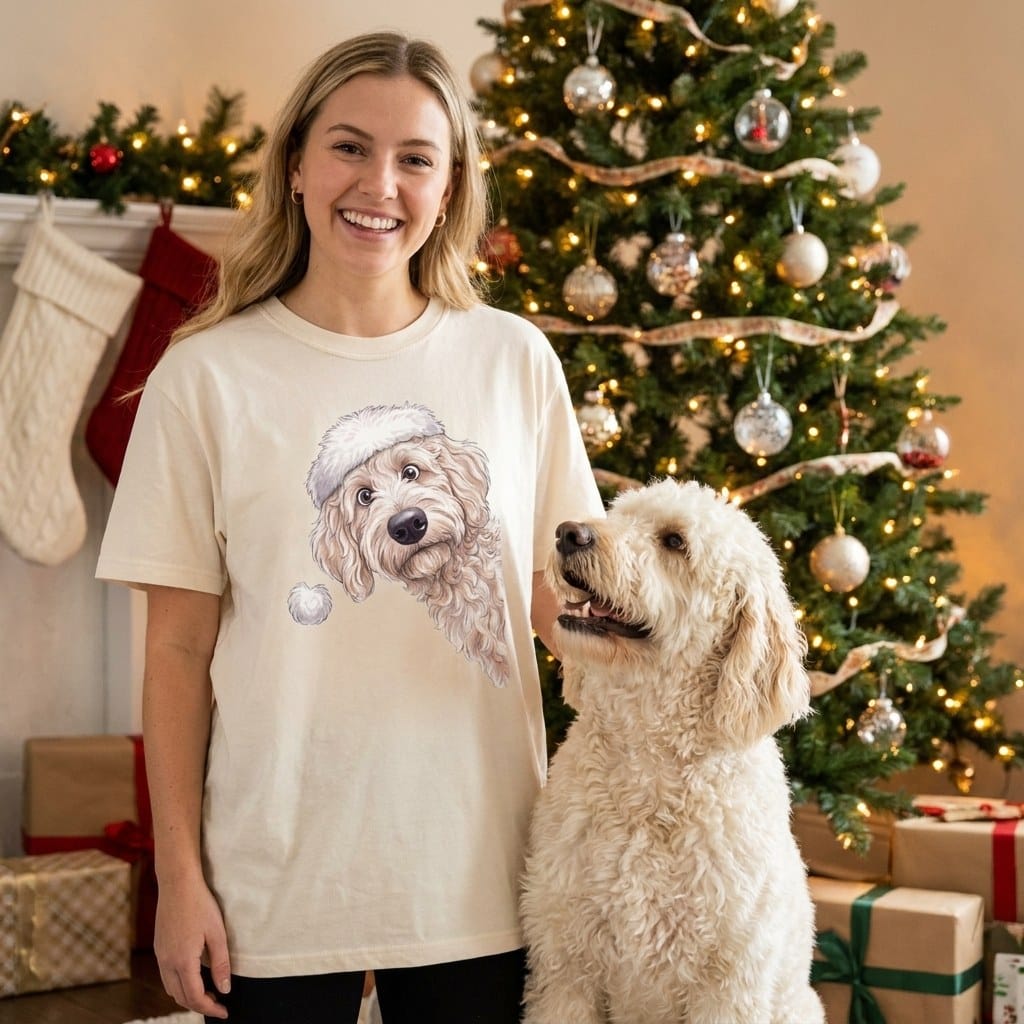 Merry Santa Cream Goldendoodle T-Shirt in by Puppy Jo