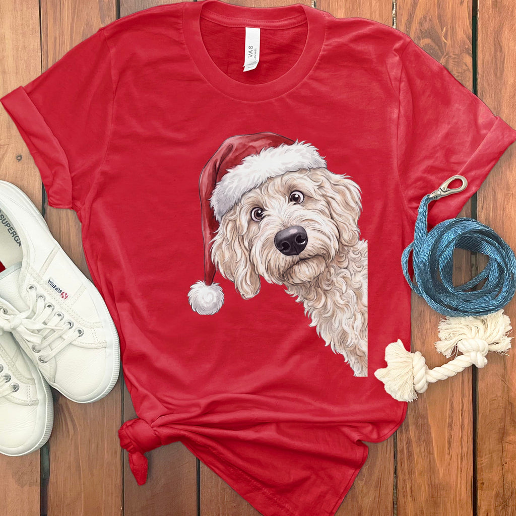 Merry Santa Cream Goldendoodle T-Shirt in Red / S by Puppy Jo