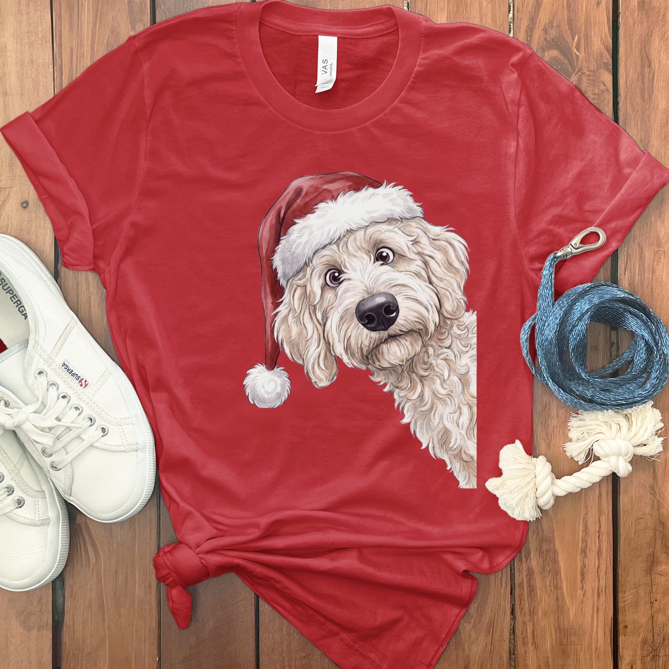 Merry Santa Cream Goldendoodle T-Shirt in Red / S by Puppy Jo