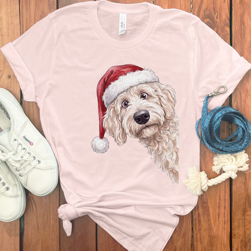 Merry Santa Cream Goldendoodle T-Shirt in Soft Pink / S by Puppy Jo