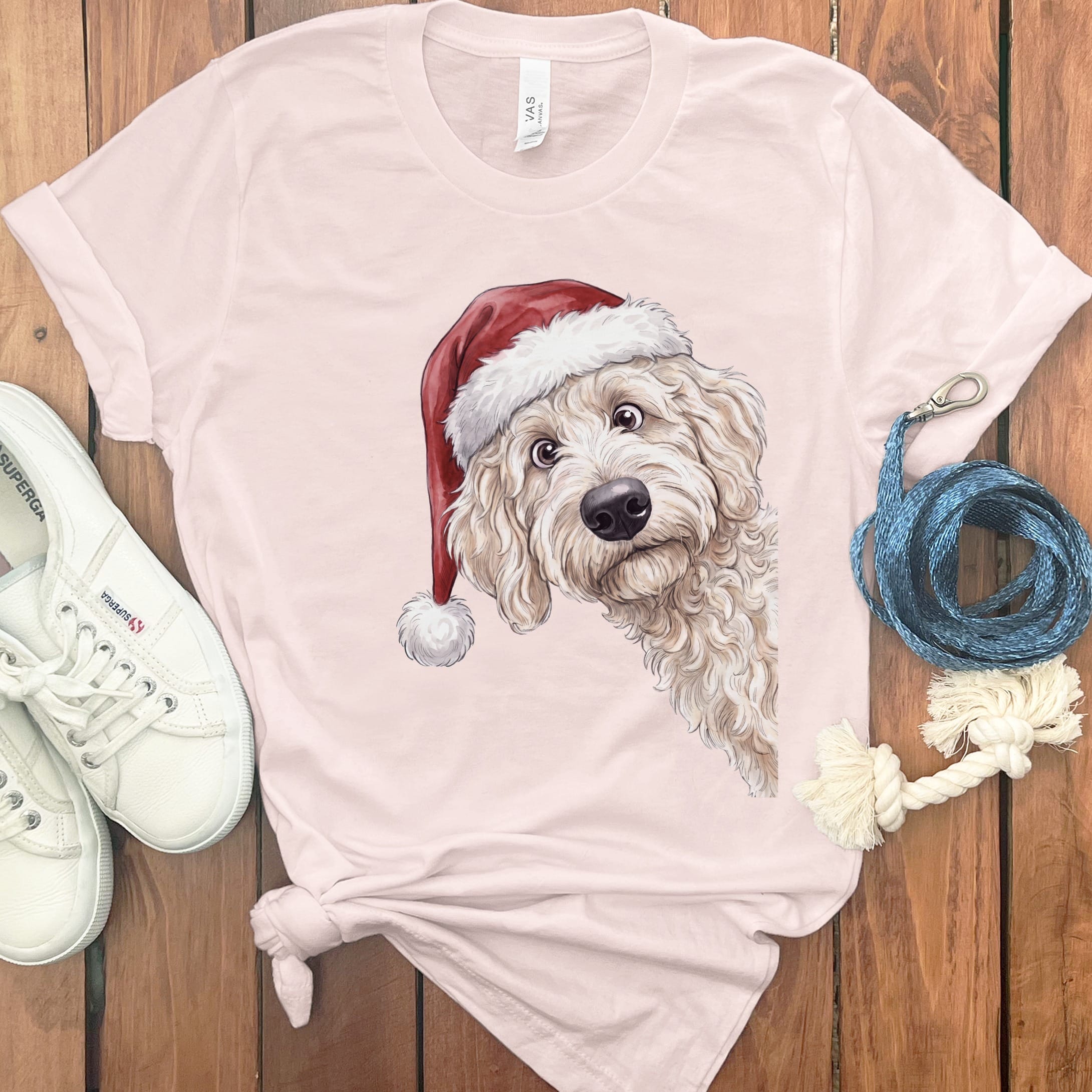 Merry Santa Cream Goldendoodle T-Shirt in Soft Pink / S by Puppy Jo