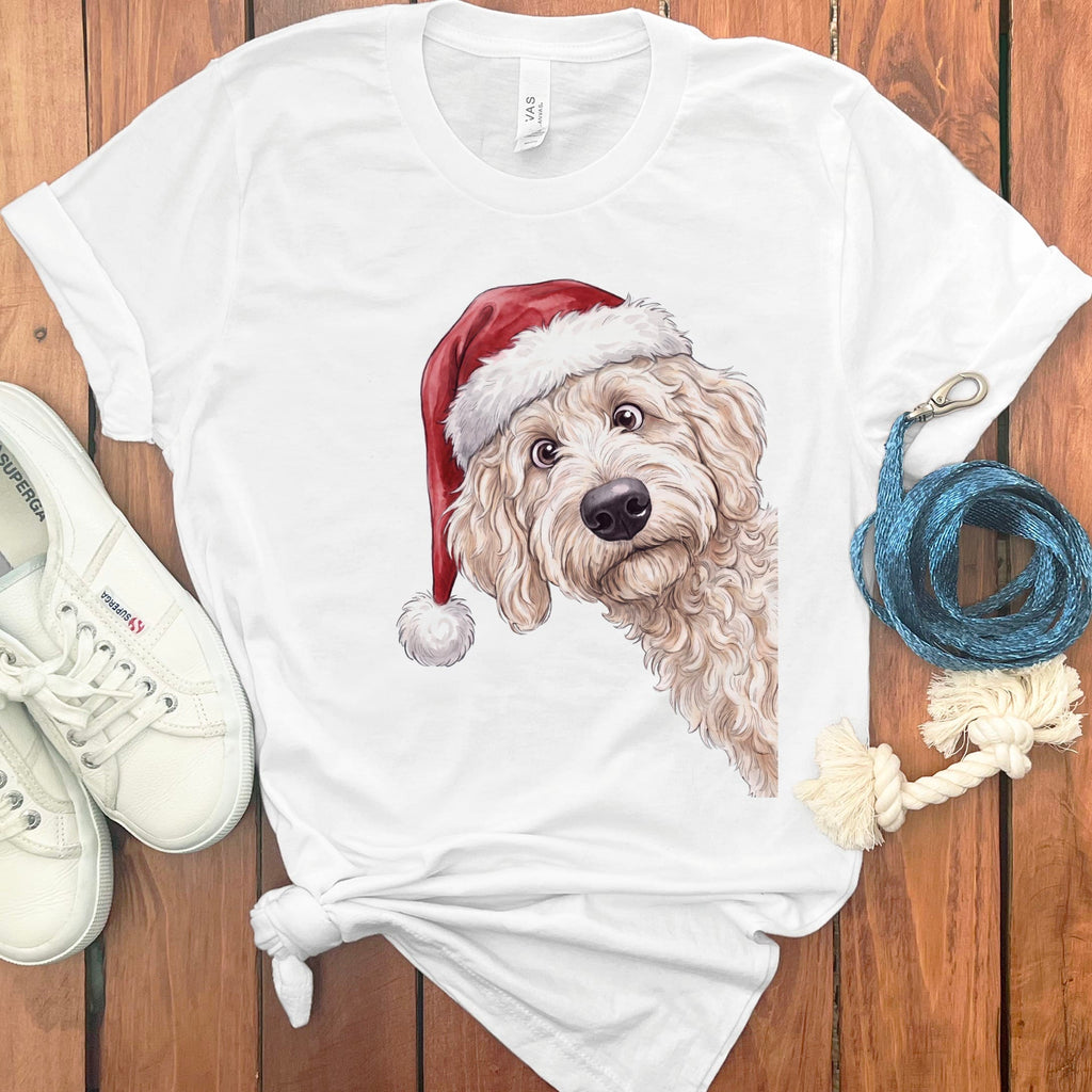 Merry Santa Cream Goldendoodle T-Shirt in White / S by Puppy Jo