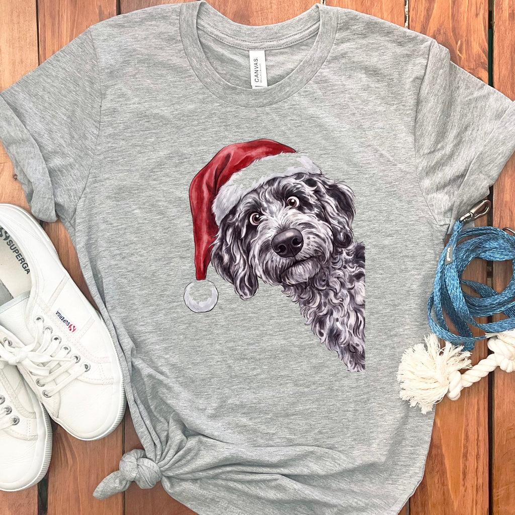 Merry Santa Merle Goldendoodle T-Shirt in Athletic Heather / S by Puppy Jo