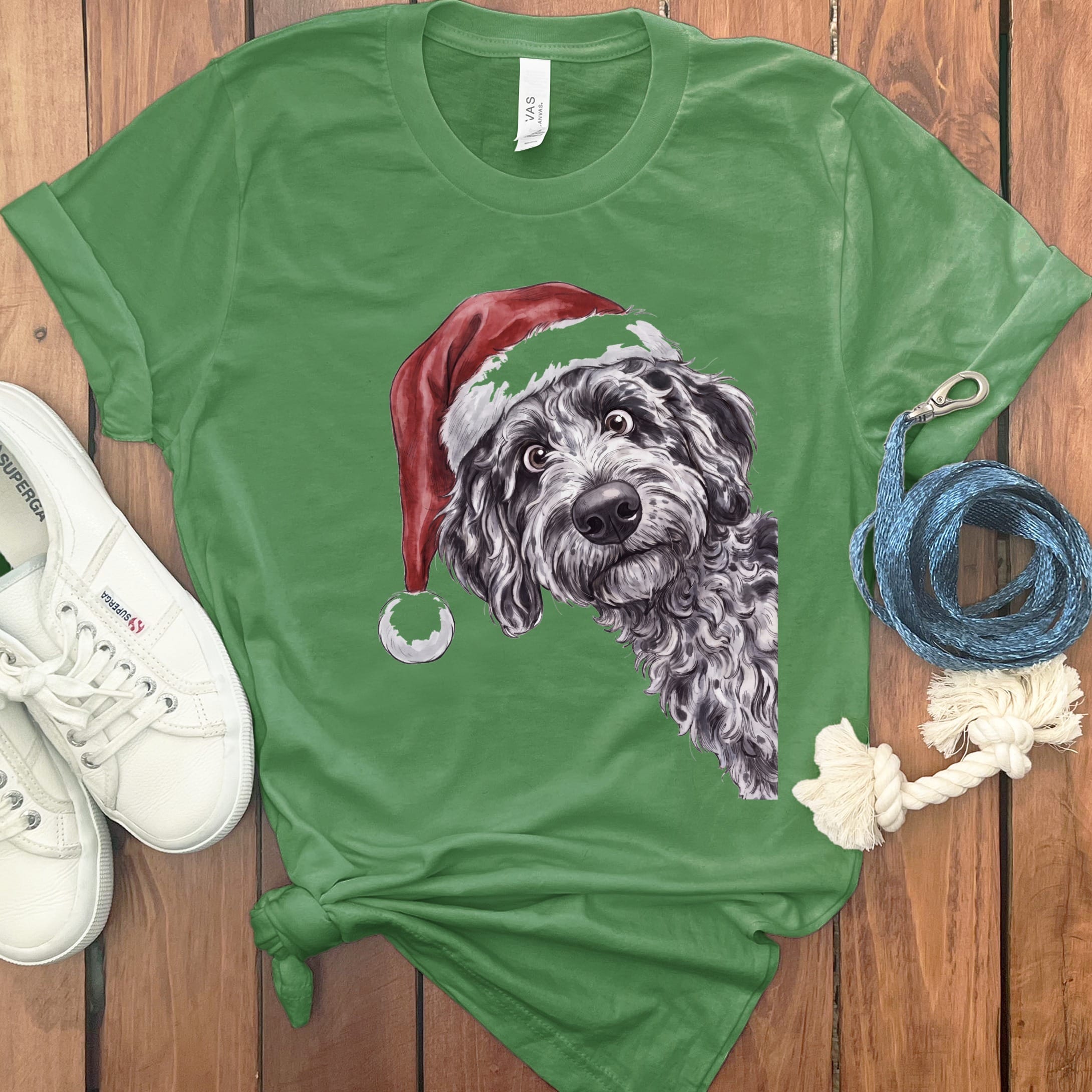 Merry Santa Merle Goldendoodle T-Shirt in Leaf / S by Puppy Jo