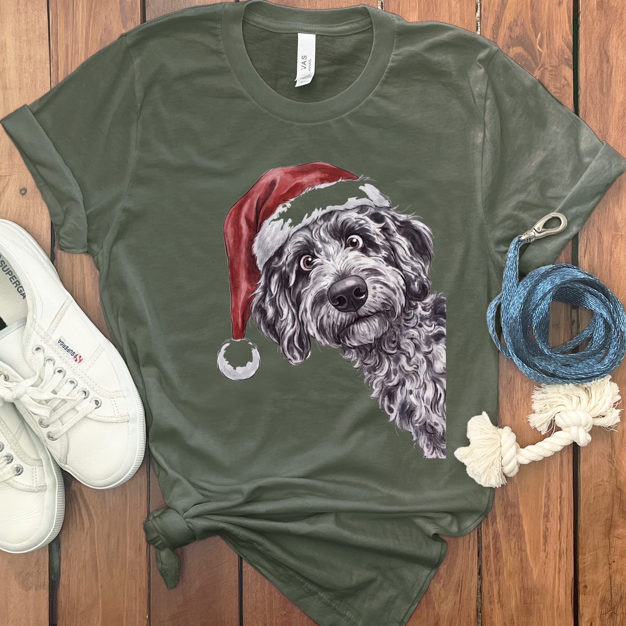 Merry Santa Merle Goldendoodle T-Shirt in Military Green / S by Puppy Jo