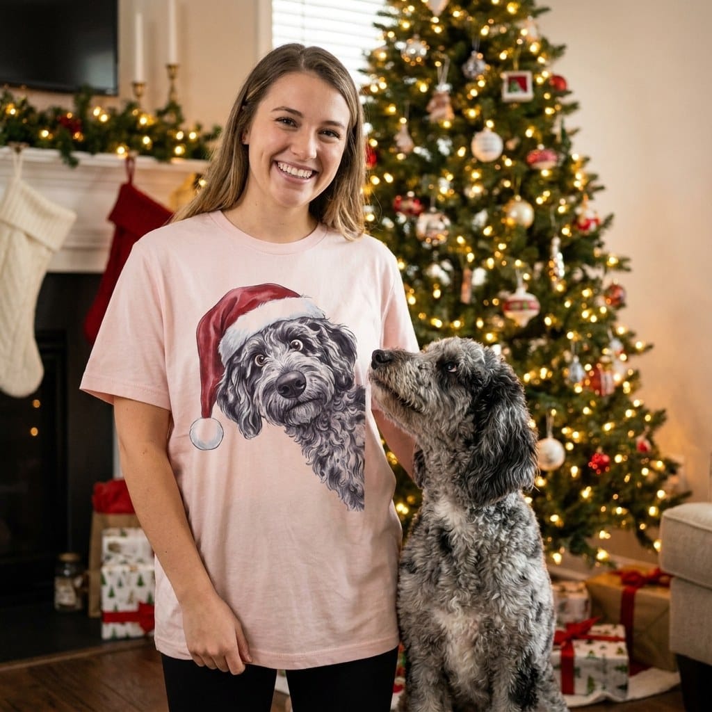 Merry Santa Merle Goldendoodle T-Shirt in by Puppy Jo