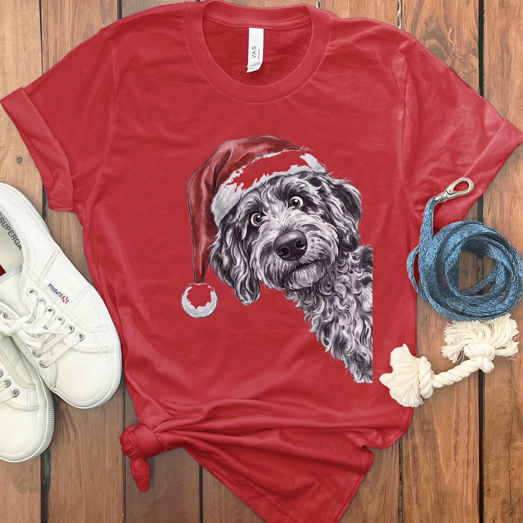 Merry Santa Merle Goldendoodle T-Shirt in Red / S by Puppy Jo
