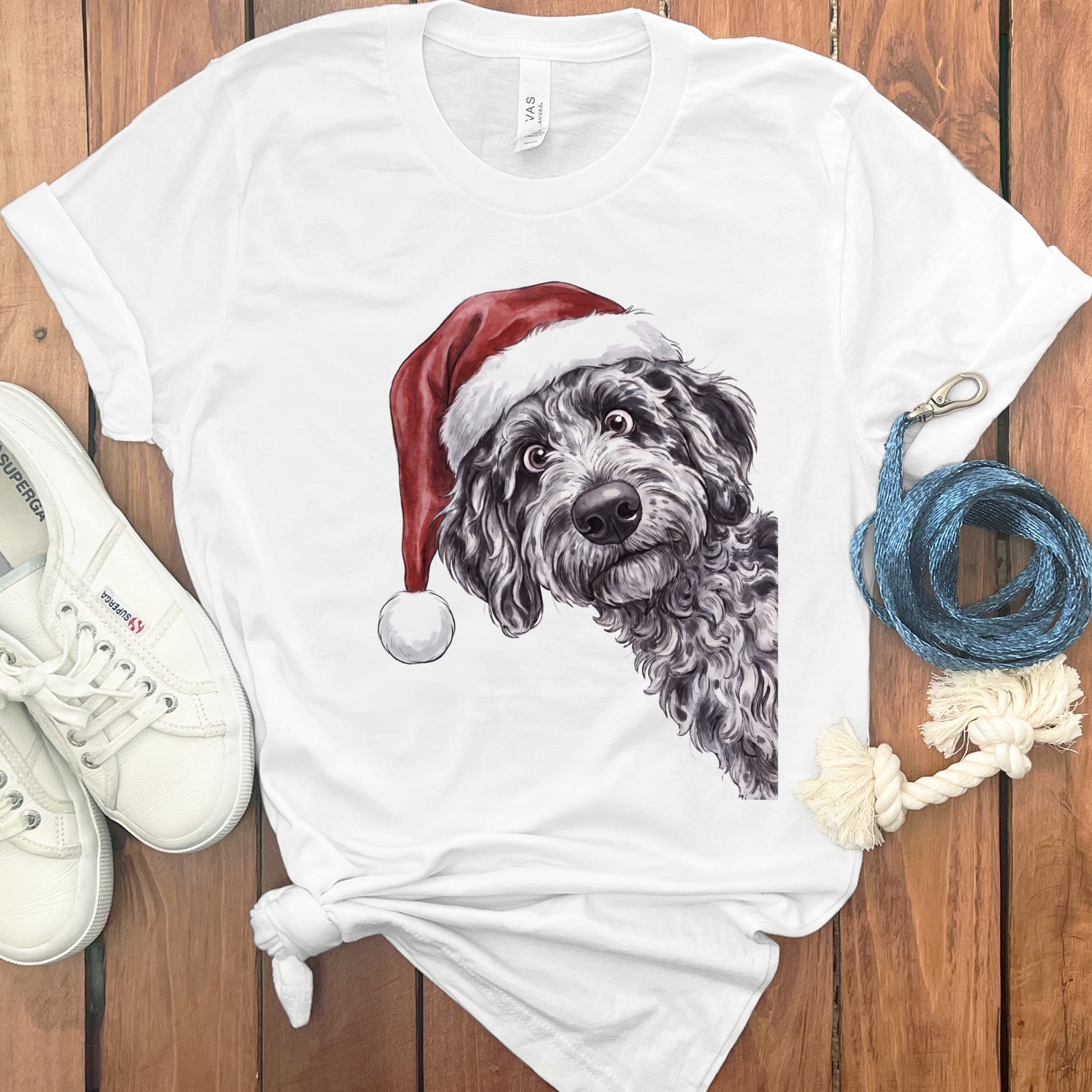 Merry Santa Merle Goldendoodle T-Shirt in White / S by Puppy Jo