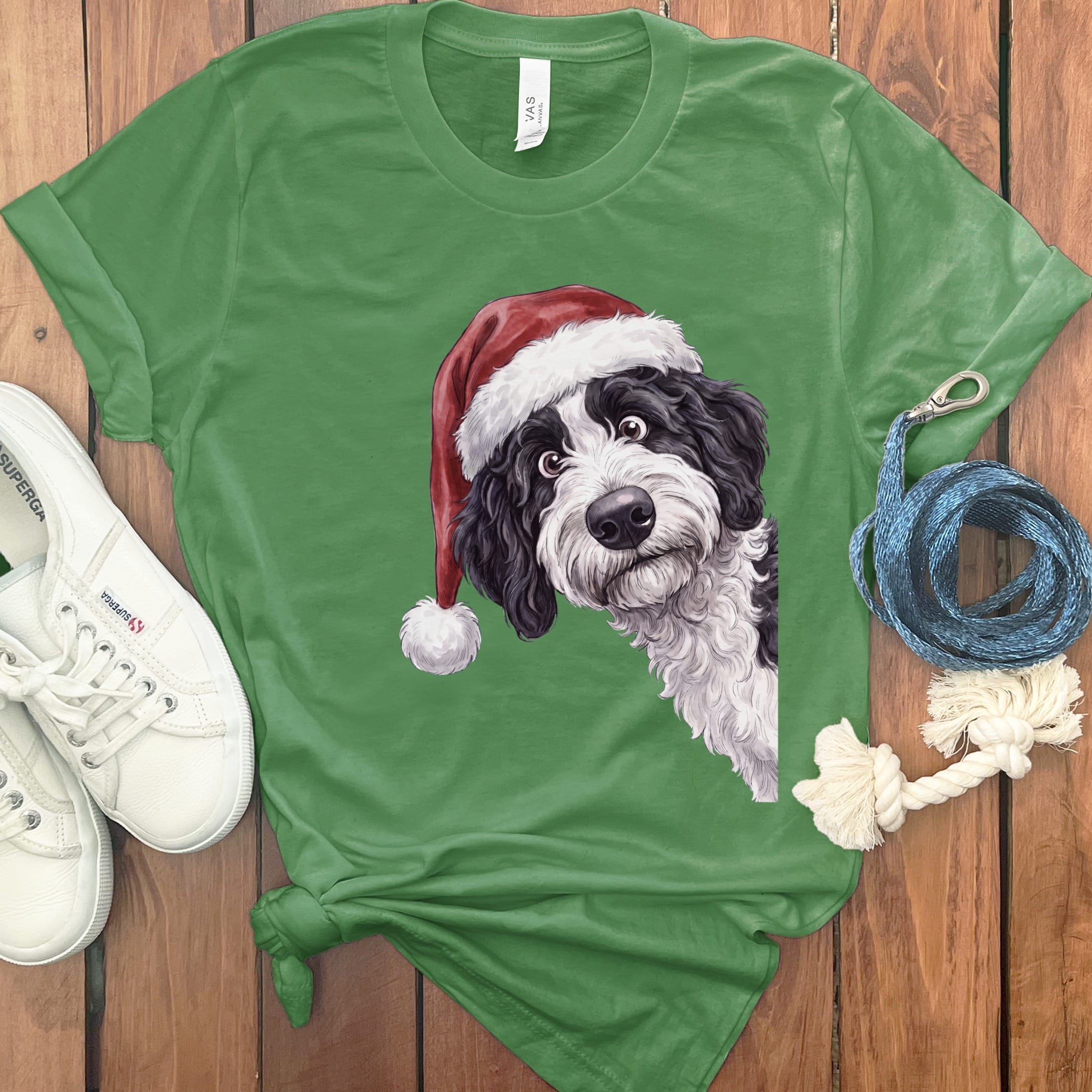 Merry Santa Sheepadoodle T-Shirt in Leaf / S by Puppy Jo