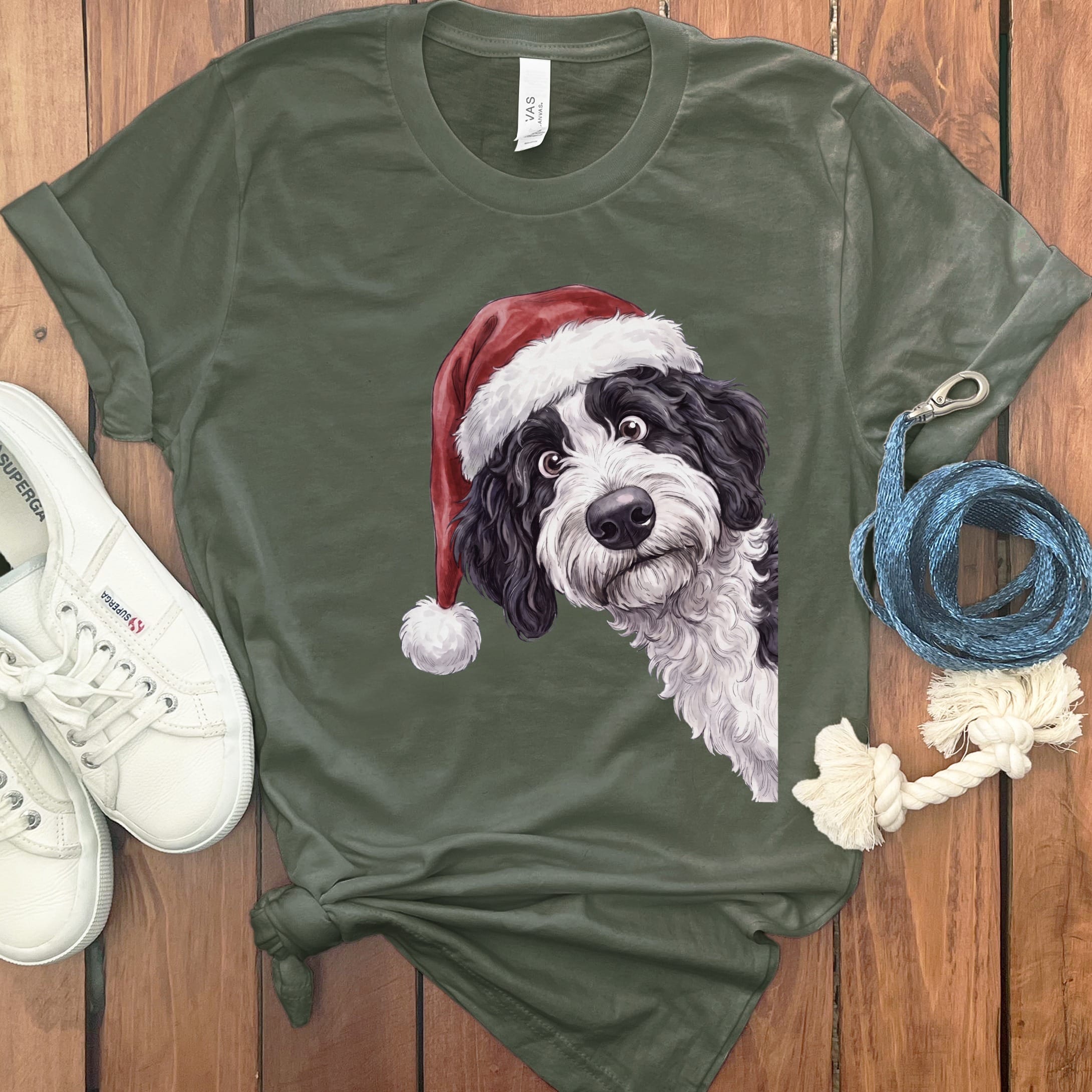 Merry Santa Sheepadoodle T-Shirt in Military Green / S by Puppy Jo