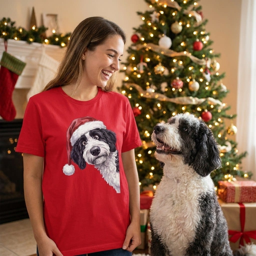 Merry Santa Sheepadoodle T-Shirt in by Puppy Jo