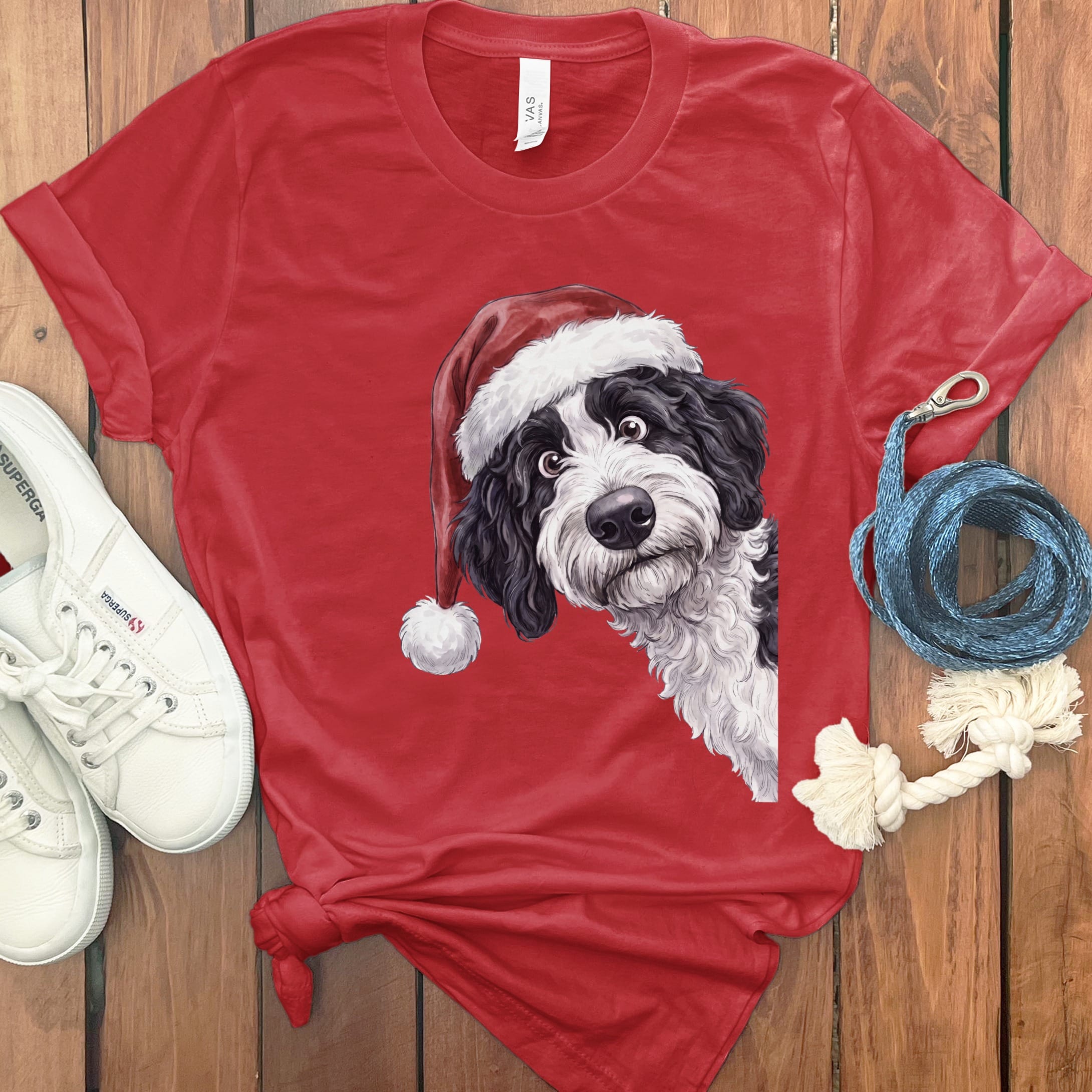 Merry Santa Sheepadoodle T-Shirt in Red / S by Puppy Jo