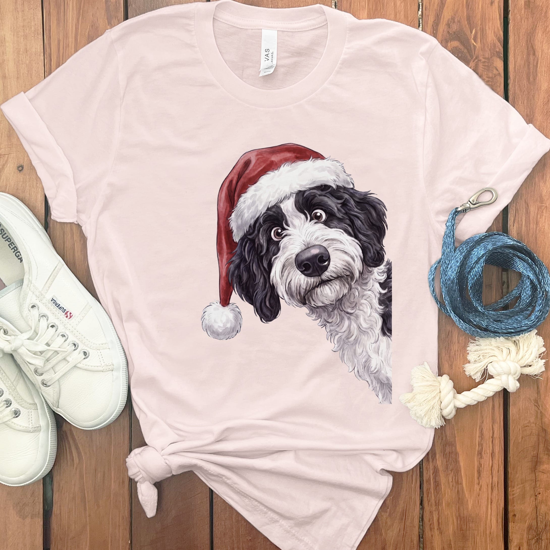 Merry Santa Sheepadoodle T-Shirt in Soft Pink / S by Puppy Jo