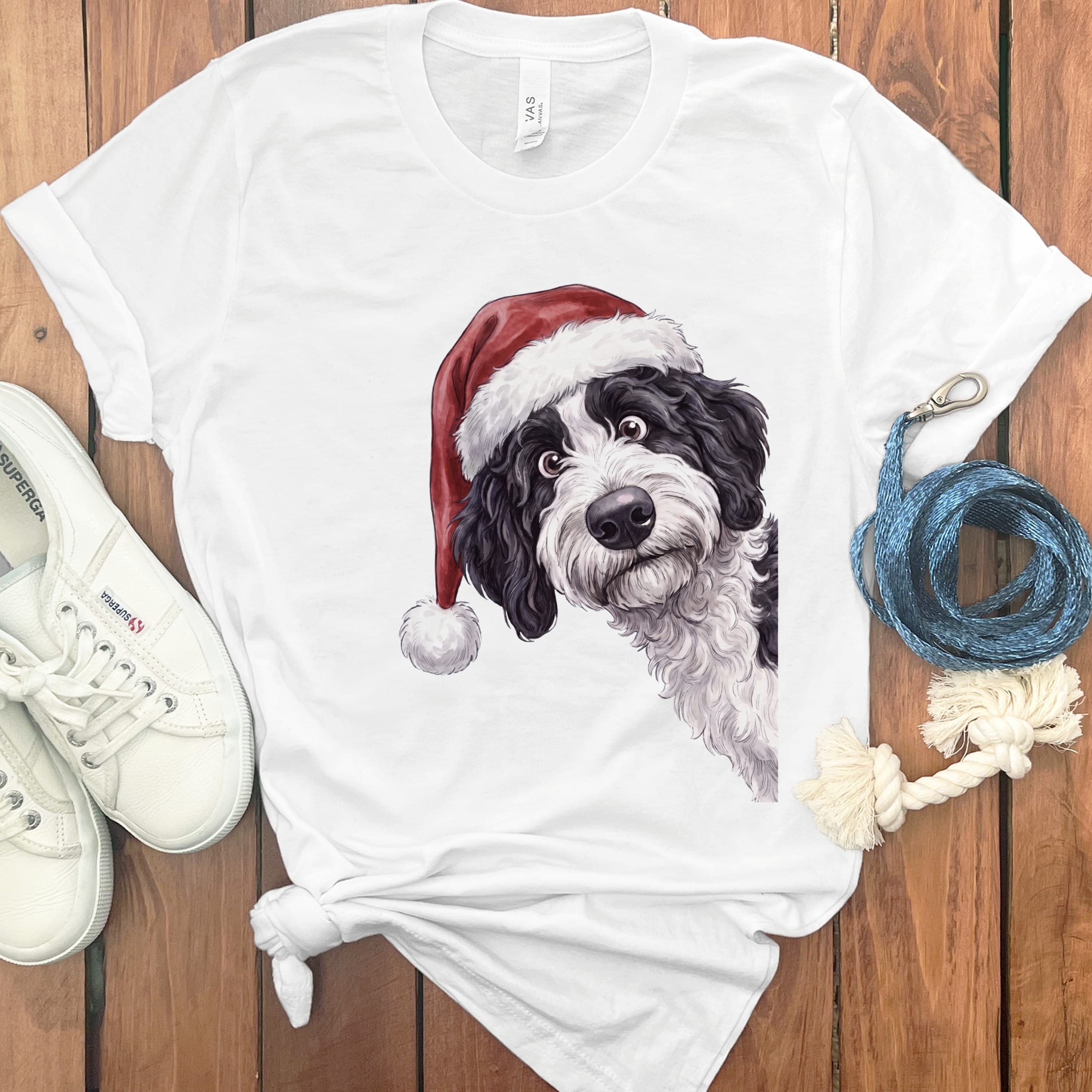Merry Santa Sheepadoodle T-Shirt in White / S by Puppy Jo