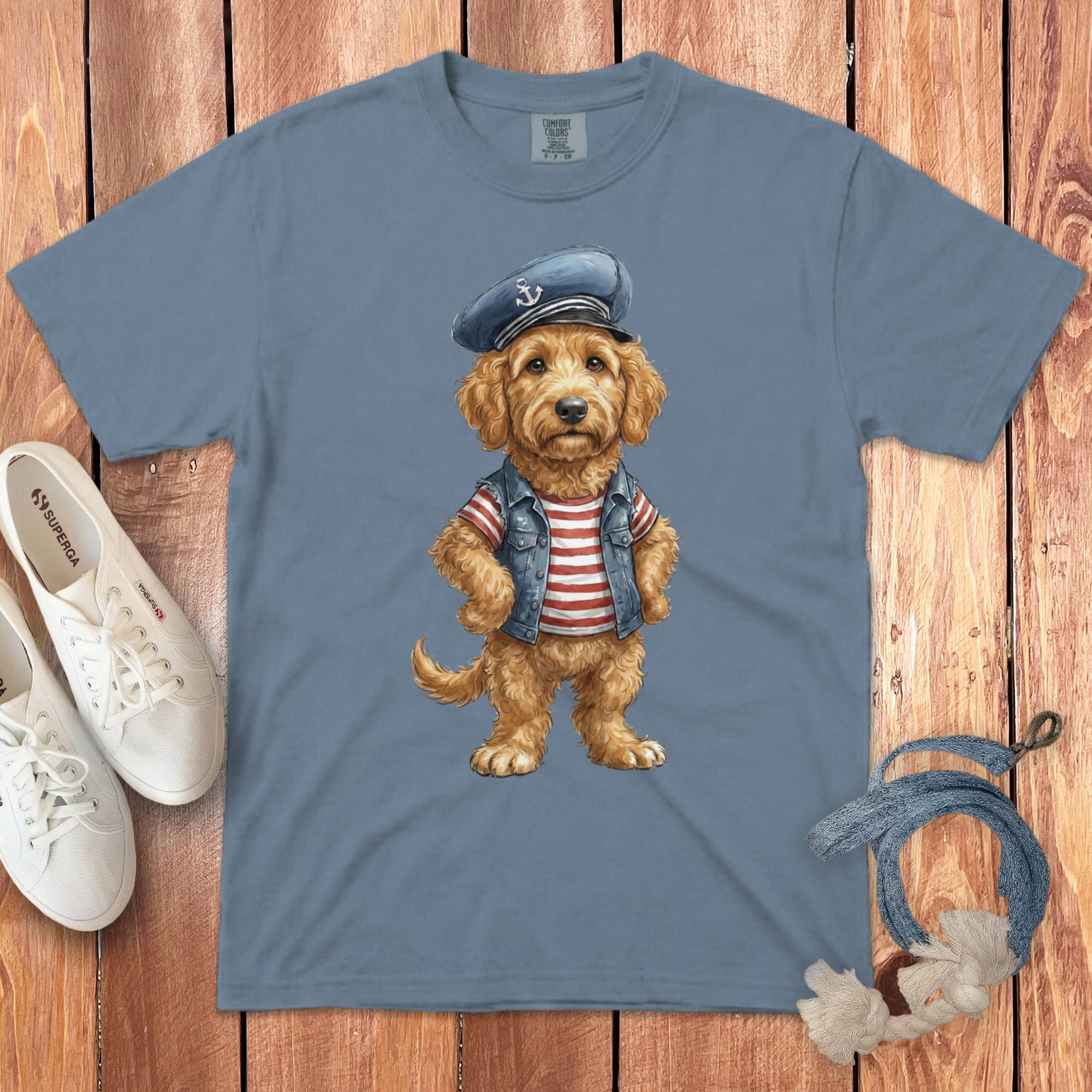 Nautical Apricot Doodle Signature T-Shirt in Blue Jean / S by Puppy Jo