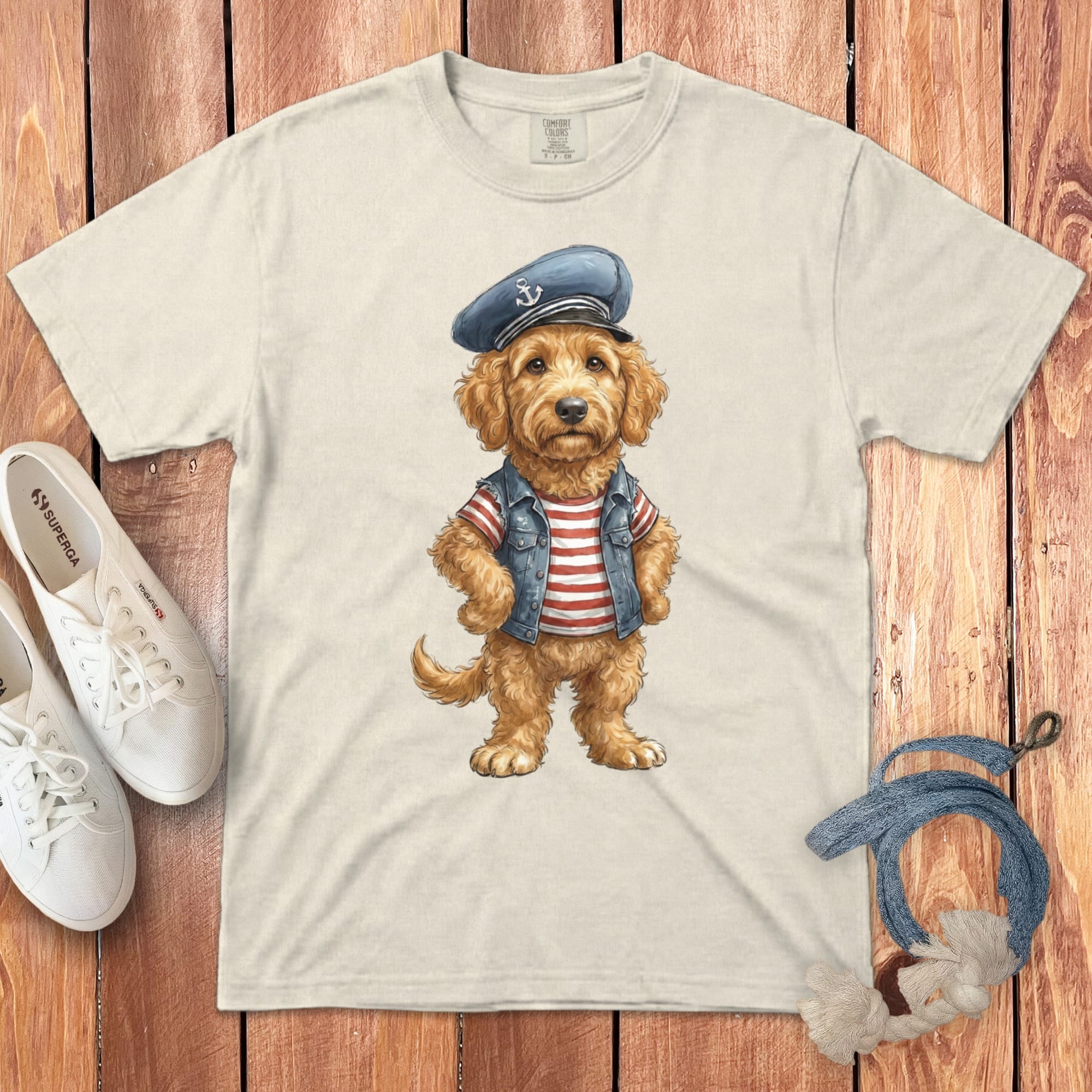 Nautical Apricot Doodle Signature T-Shirt in Ivory / S by Puppy Jo