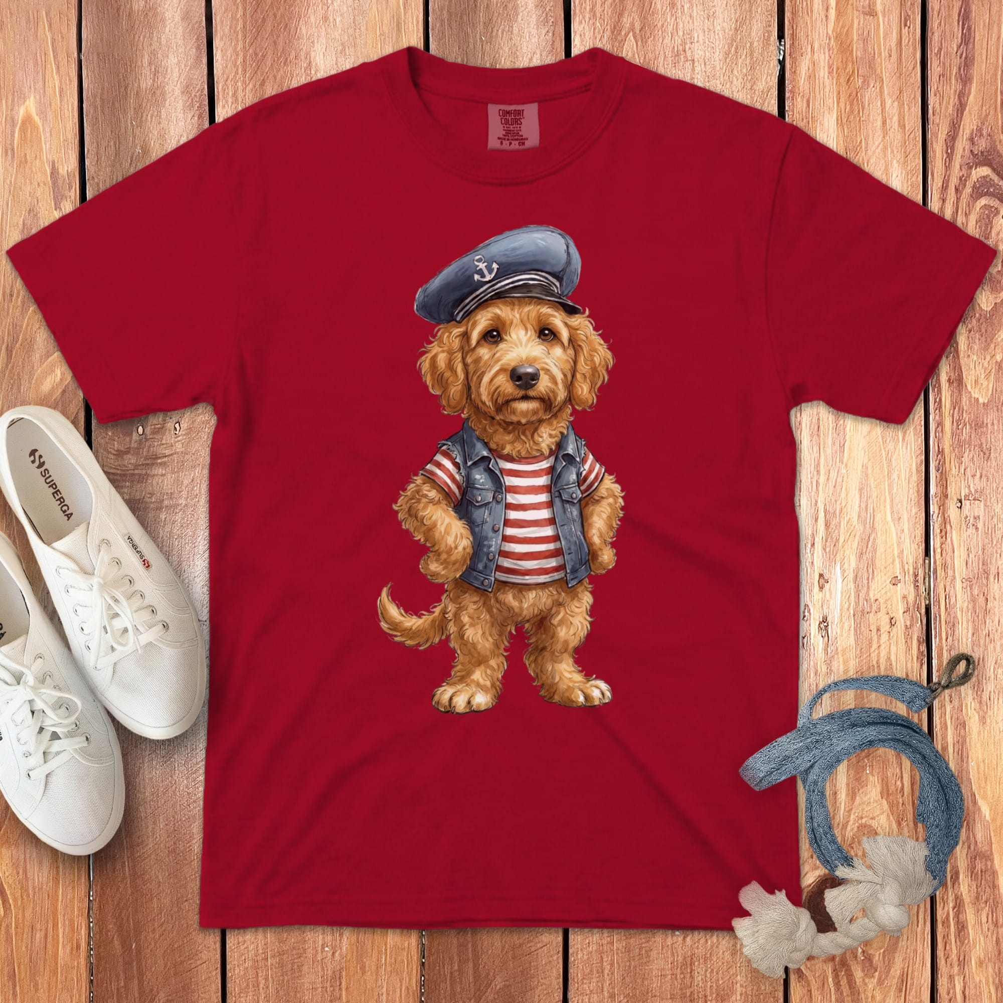 Nautical Apricot Doodle Signature T-Shirt in Red / S by Puppy Jo