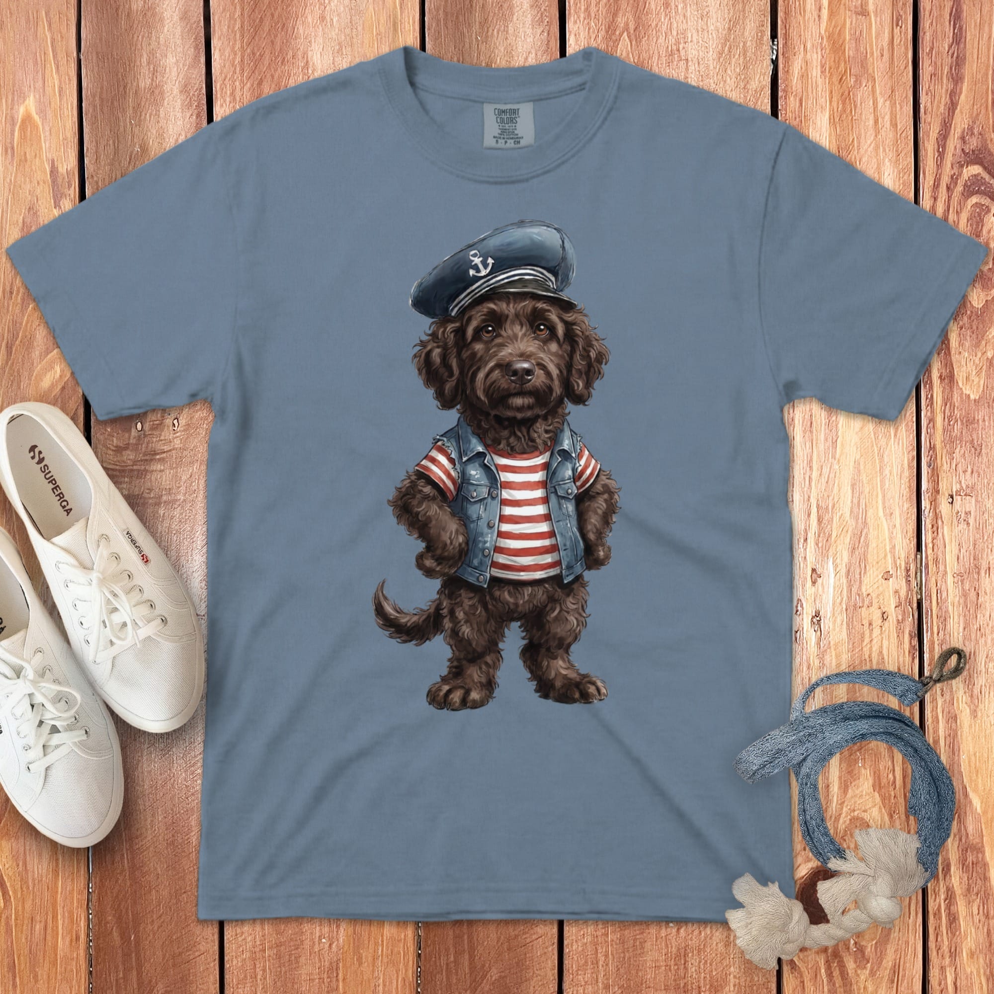Nautical Chocolate Doodle Signature T-Shirt in Blue Jean / S by Puppy Jo