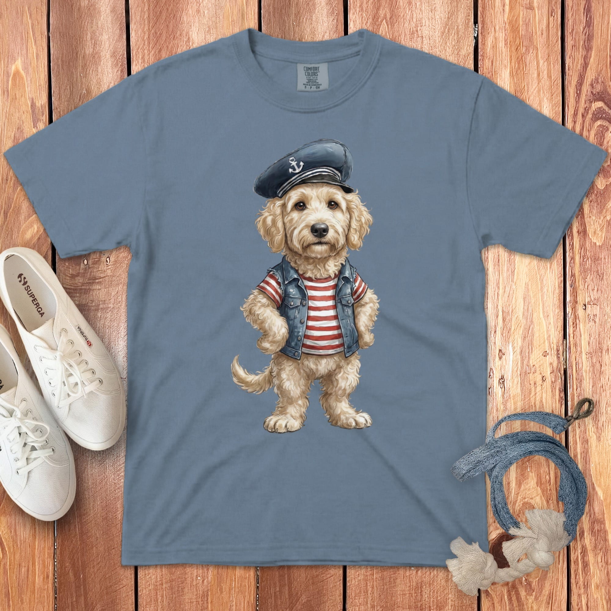 Nautical Cream Doodle Signature T-Shirt in Blue Jean / S by Puppy Jo