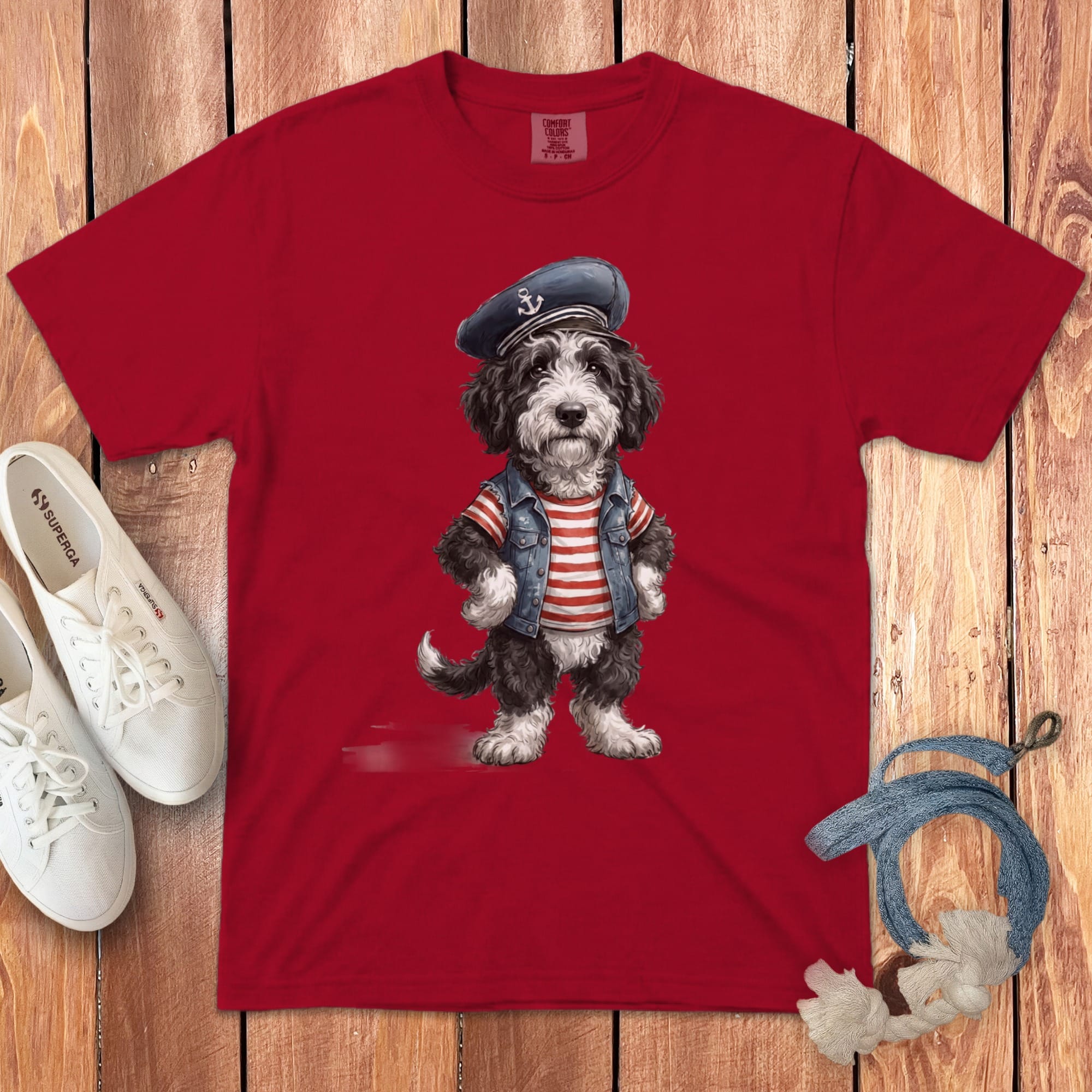 Nautical Sheepadoodle Signature T-Shirt in Red / S by Puppy Jo