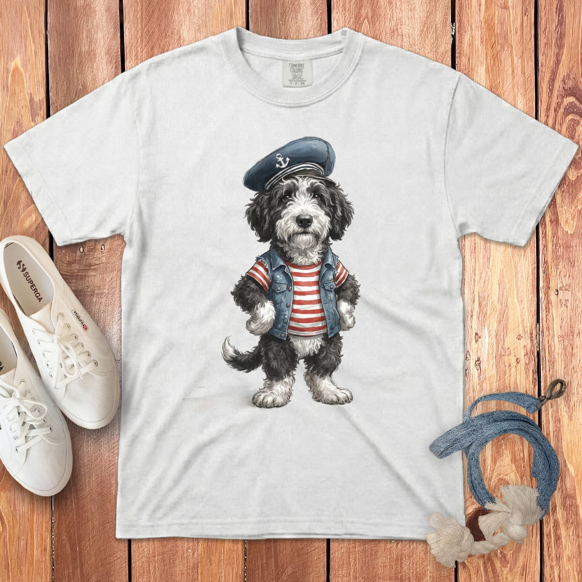 Nautical Sheepadoodle Signature T-Shirt in White / S by Puppy Jo