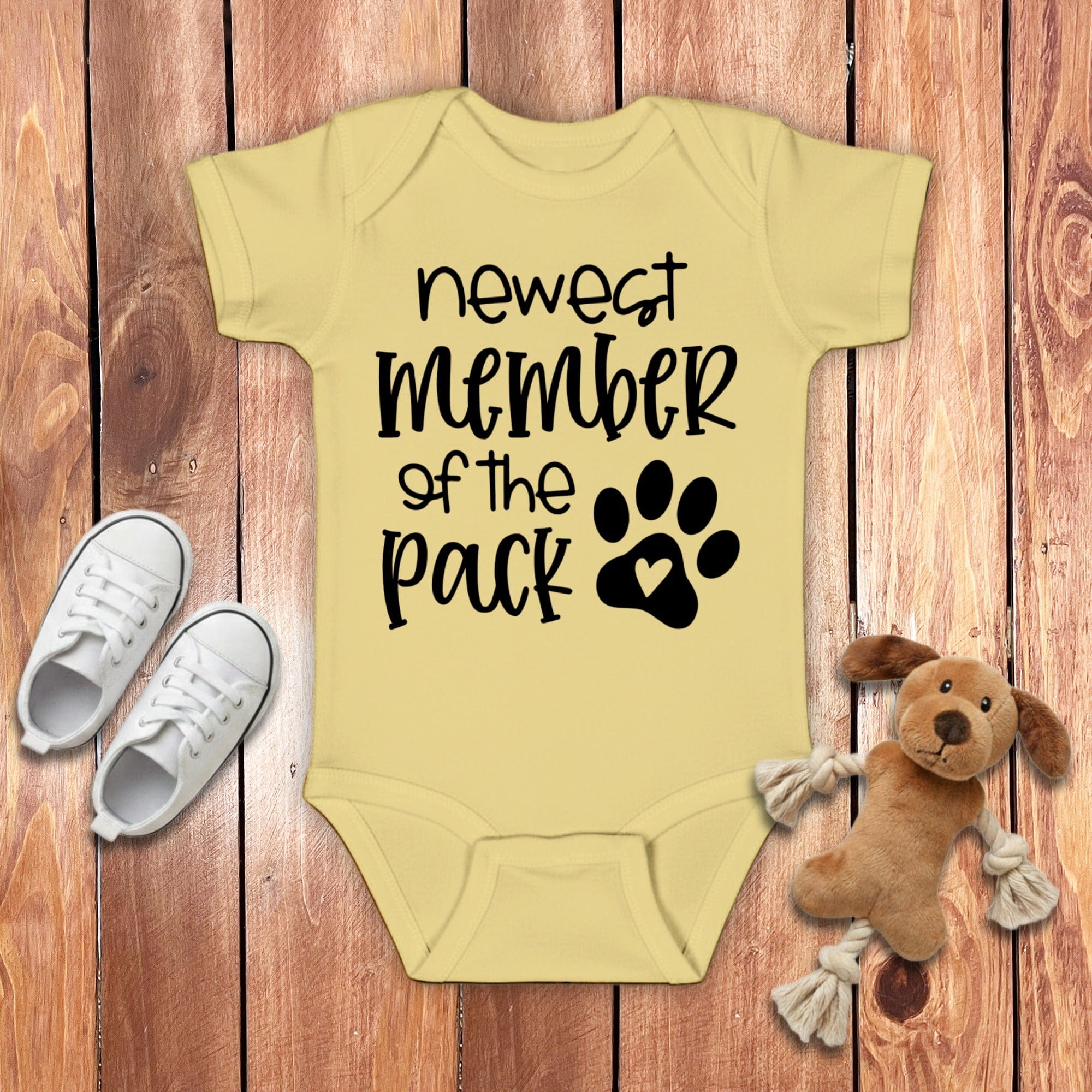 Newest Member Baby Bodysuit in Banana / NB (0-3M) by Puppy Jo