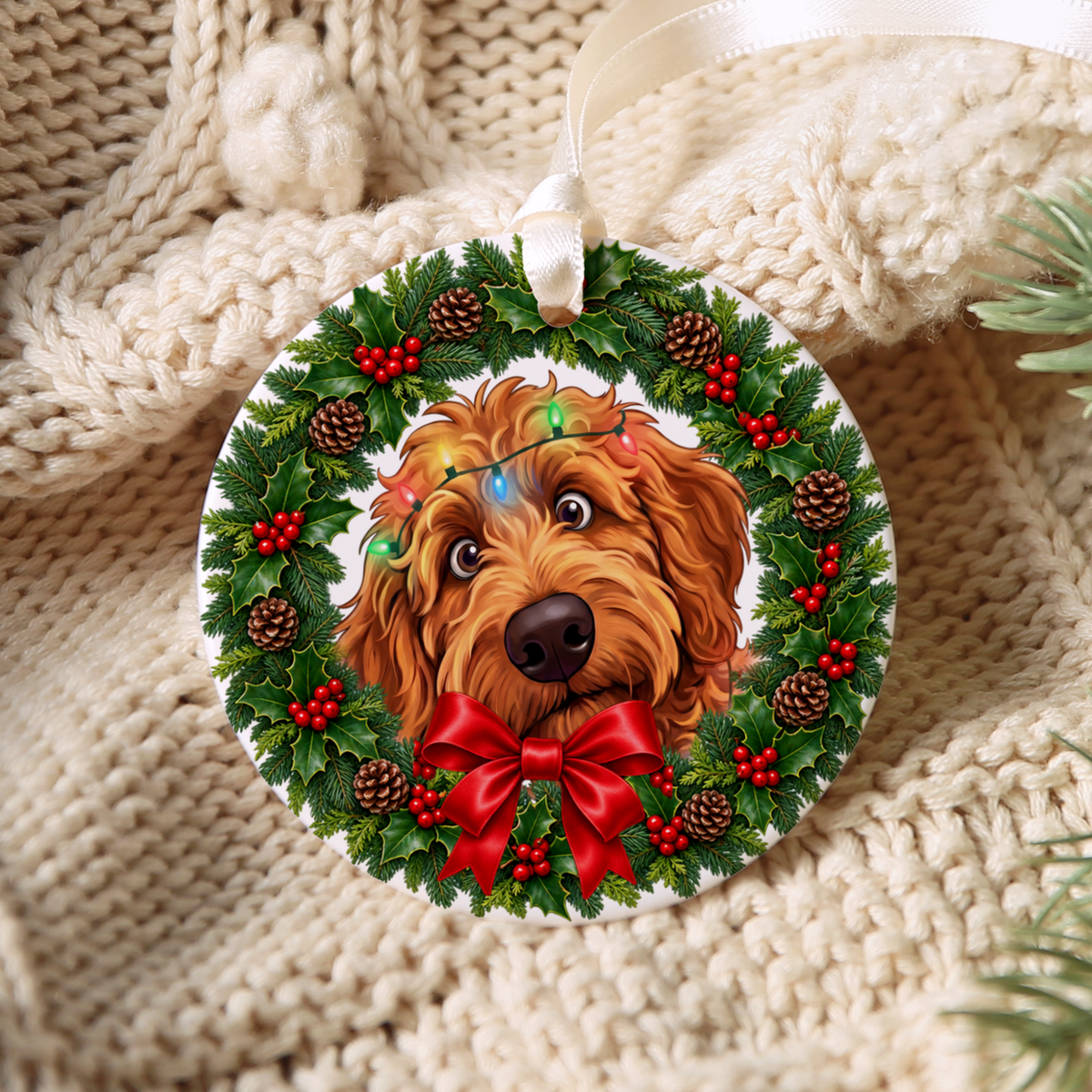 Peeking Apricot Goldendoodle Holiday Ornament