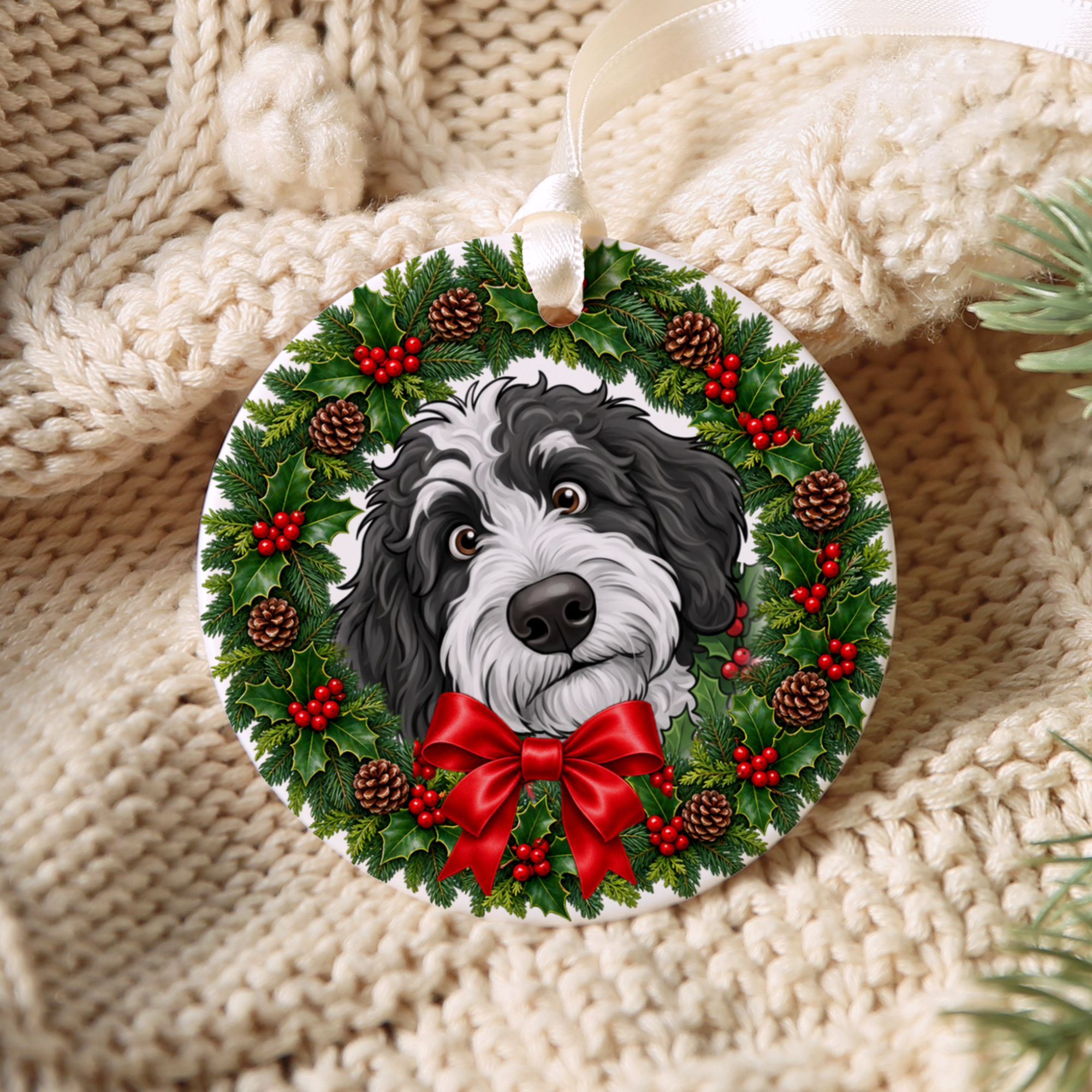 Peeking Holly Sheepadoodle Ornament