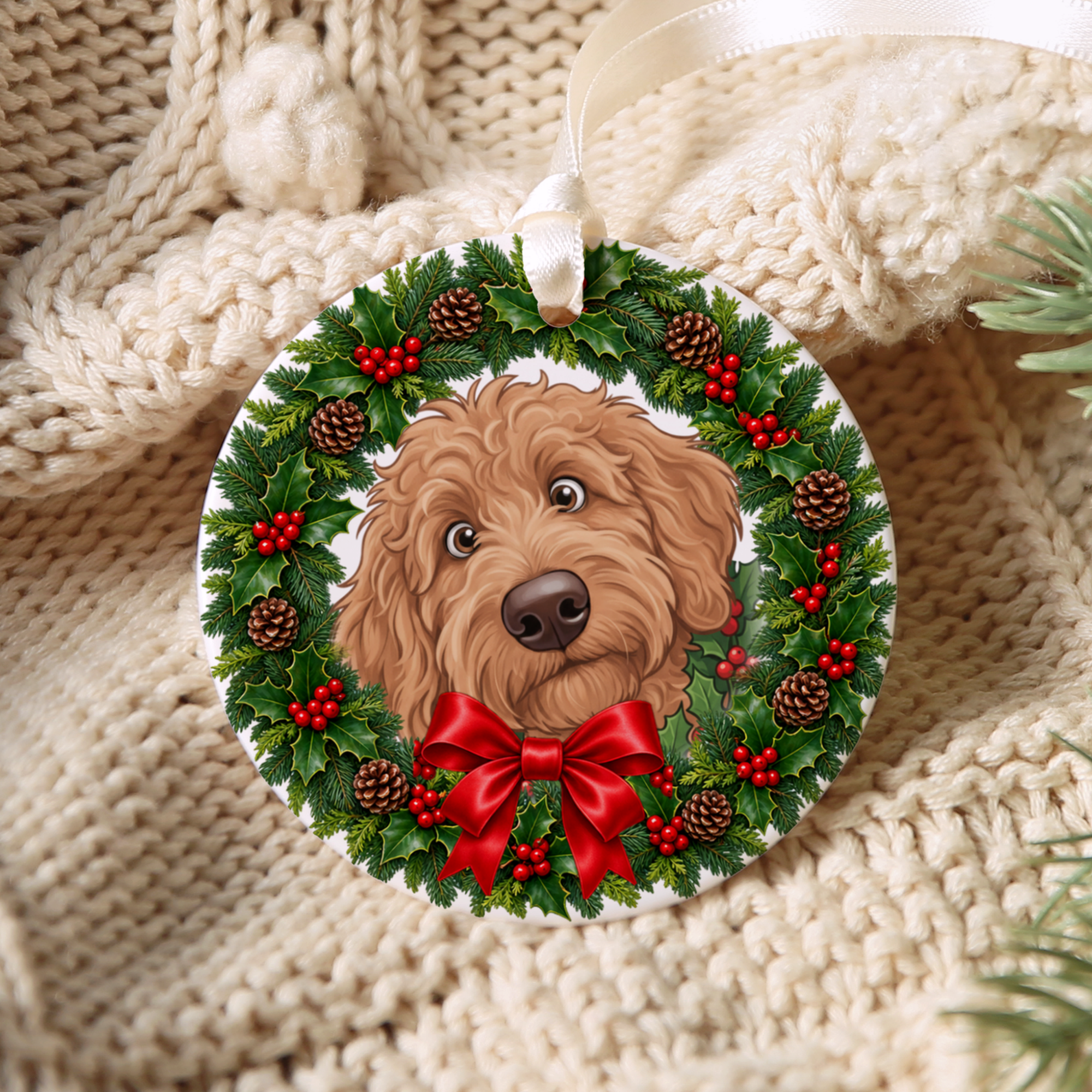 Peeking Holly Apricot Goldendoodle Ornament