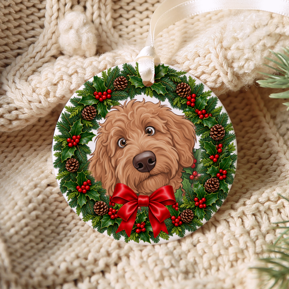 Peeking Holly Apricot Goldendoodle Ornament