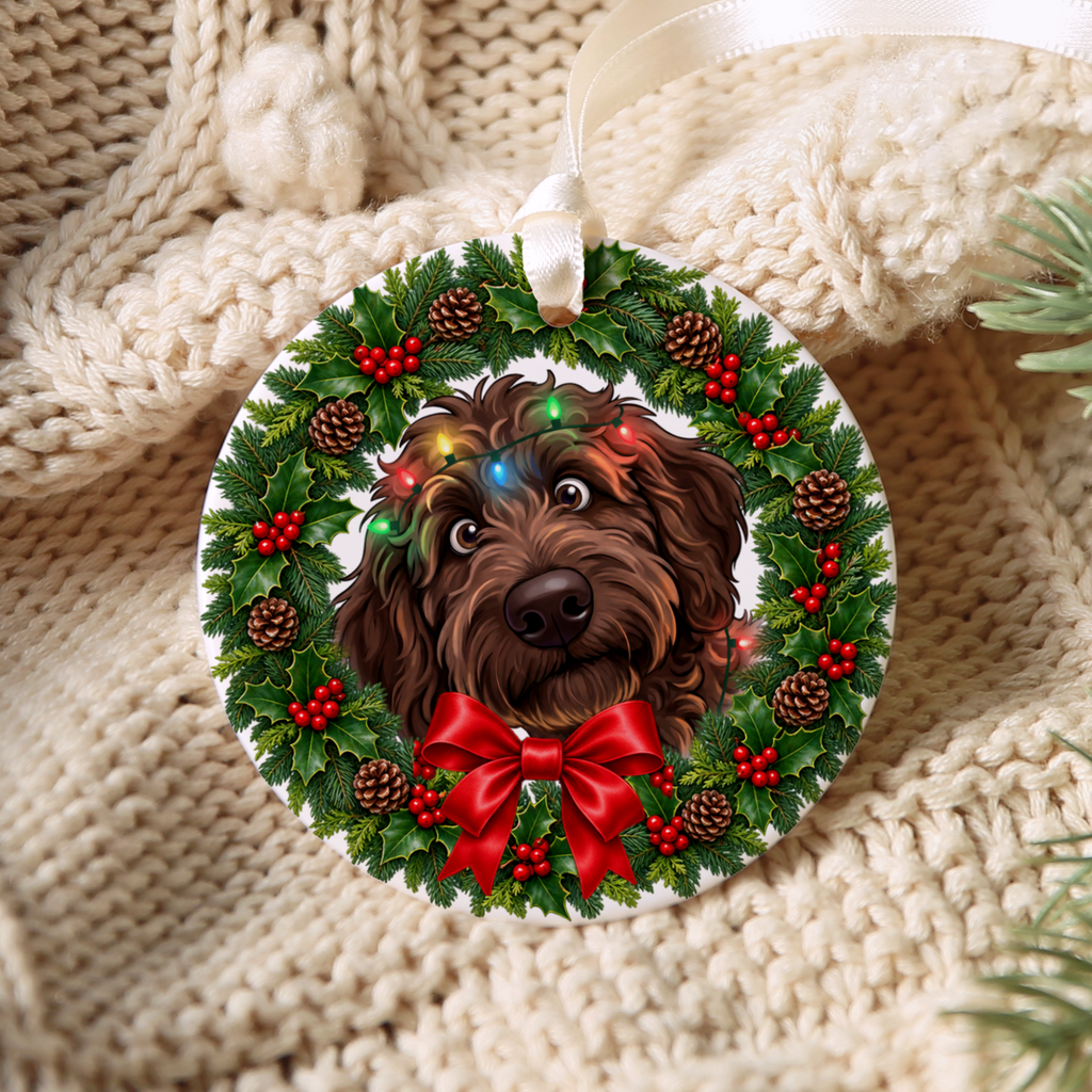 Peeking Chocolate Goldendoodle Holiday Ornament