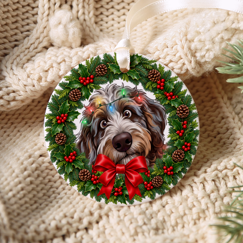Peeking Aussiedoodle Holiday Ornament