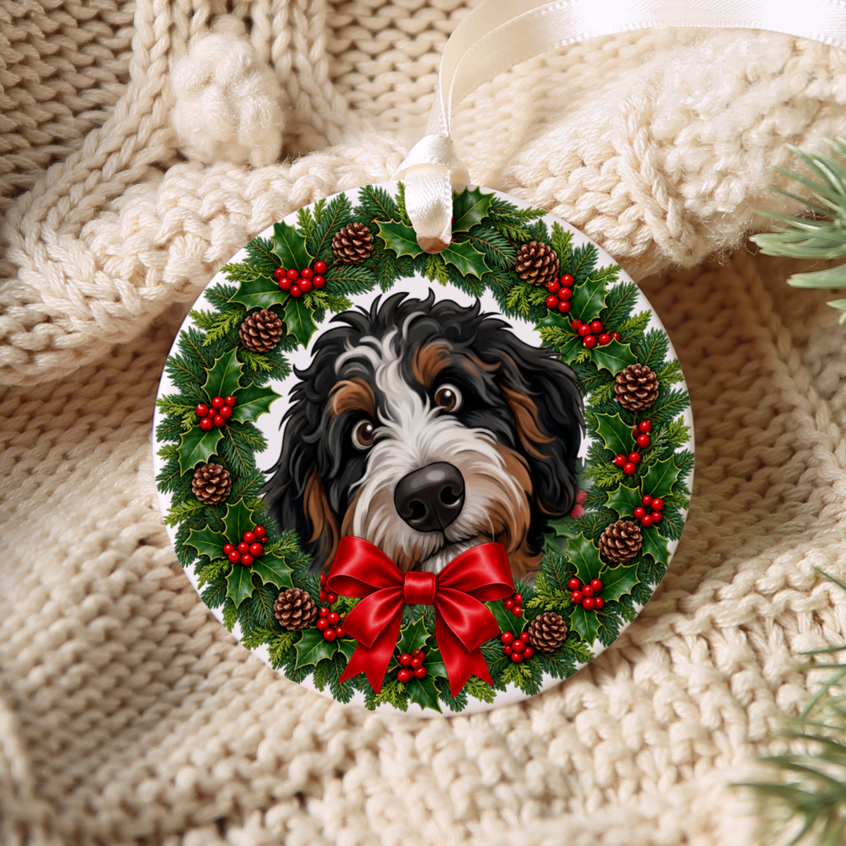 Peeking Holly Bernedoodle Ornament