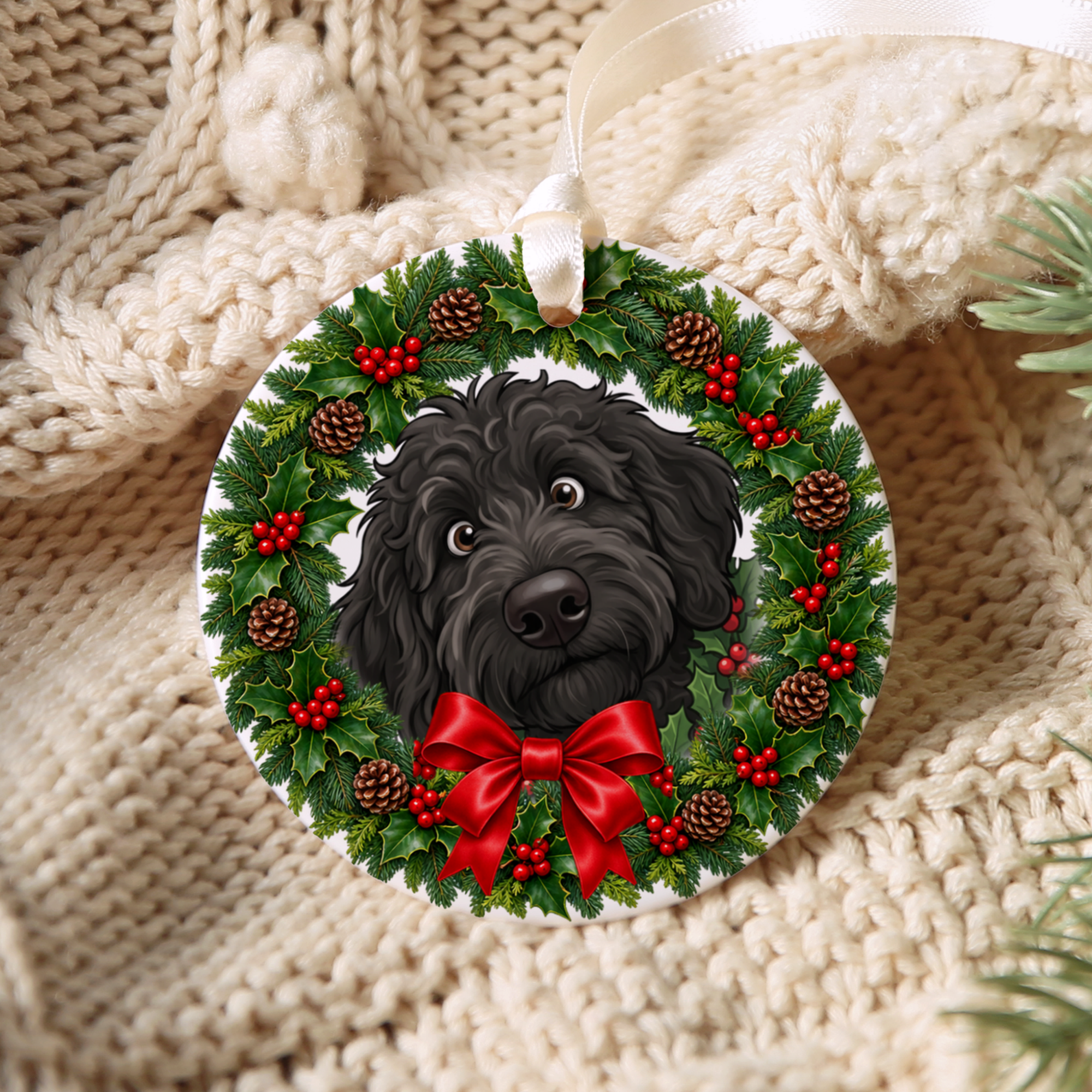 Peeking Holly Black Goldendoodle Ornament