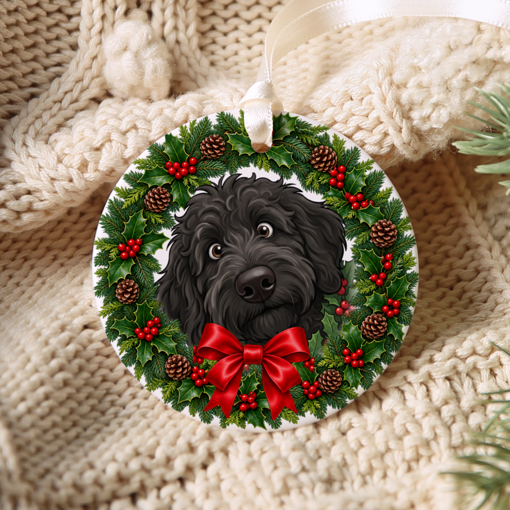 Peeking Holly Black Goldendoodle Ornament