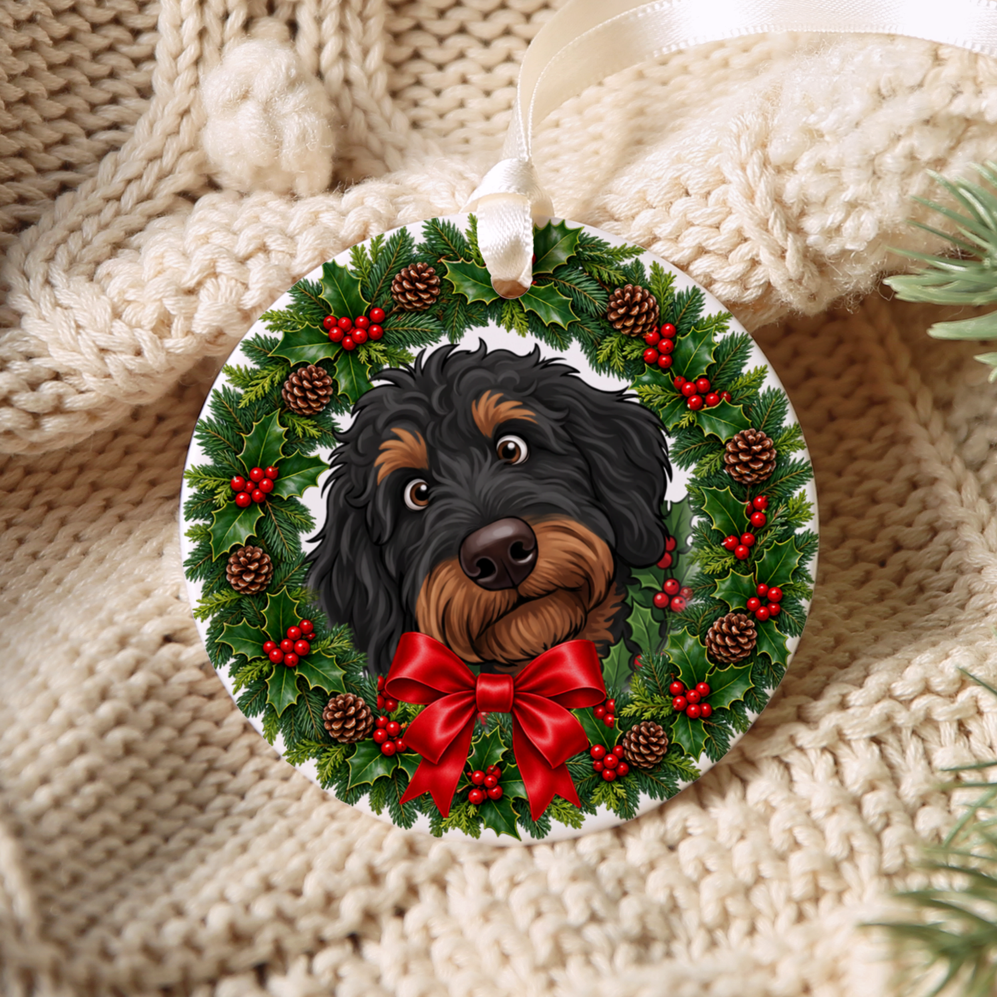 Peeking Holly Phantom Goldendoodle Ornament