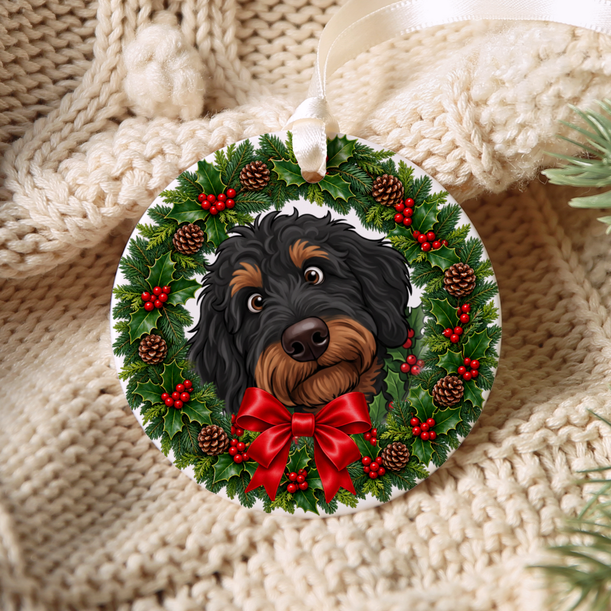 Peeking Holly Phantom Goldendoodle Ornament