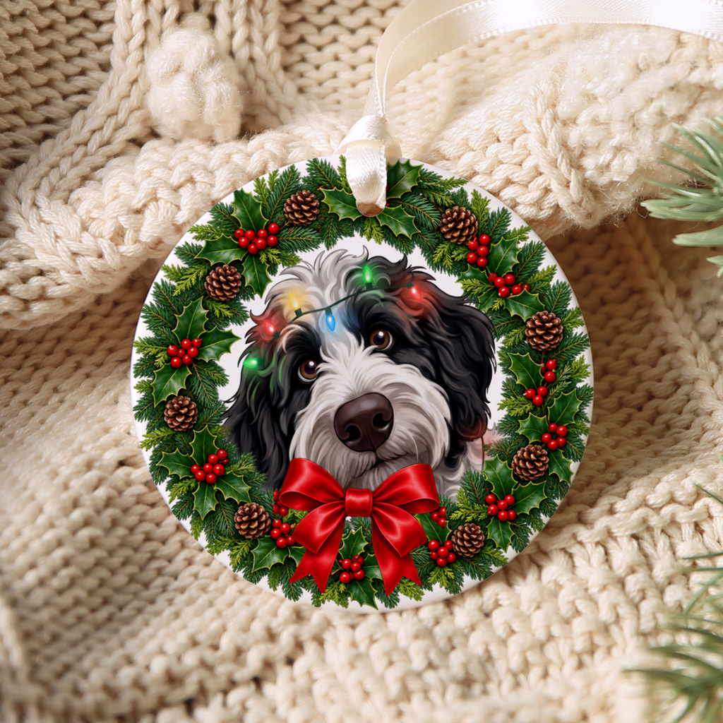 Peeking Sheepadoodle Holiday Ornament
