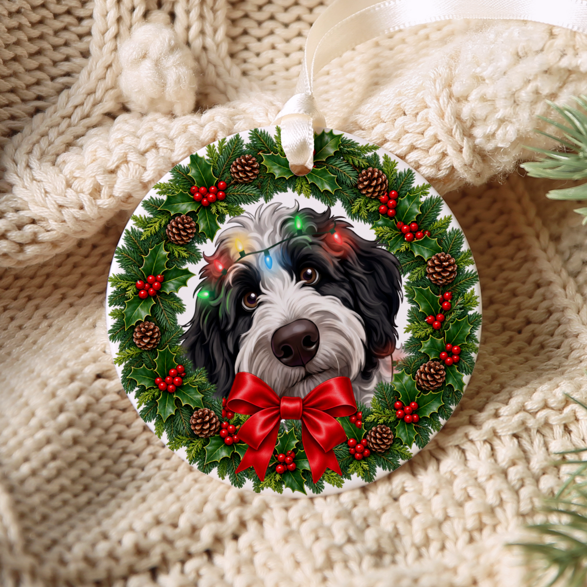 Peeking Sheepadoodle Holiday Ornament